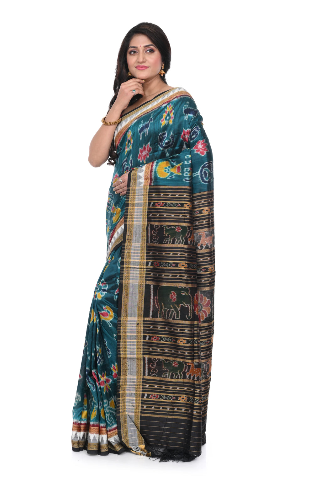 Khandua Silk Nabakothi Saree with Ramagreen Base and Multi Coloured Border and Animal Anchal
