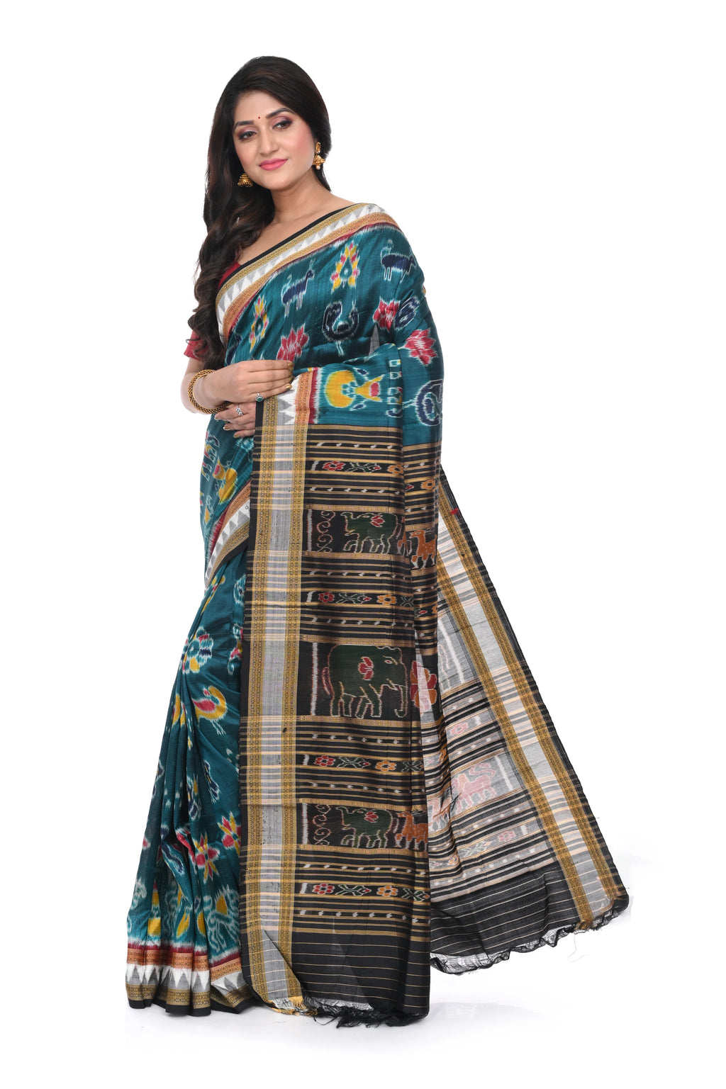 Khandua Silk Nabakothi Saree with Ramagreen Base and Multi Coloured Border and Animal Anchal