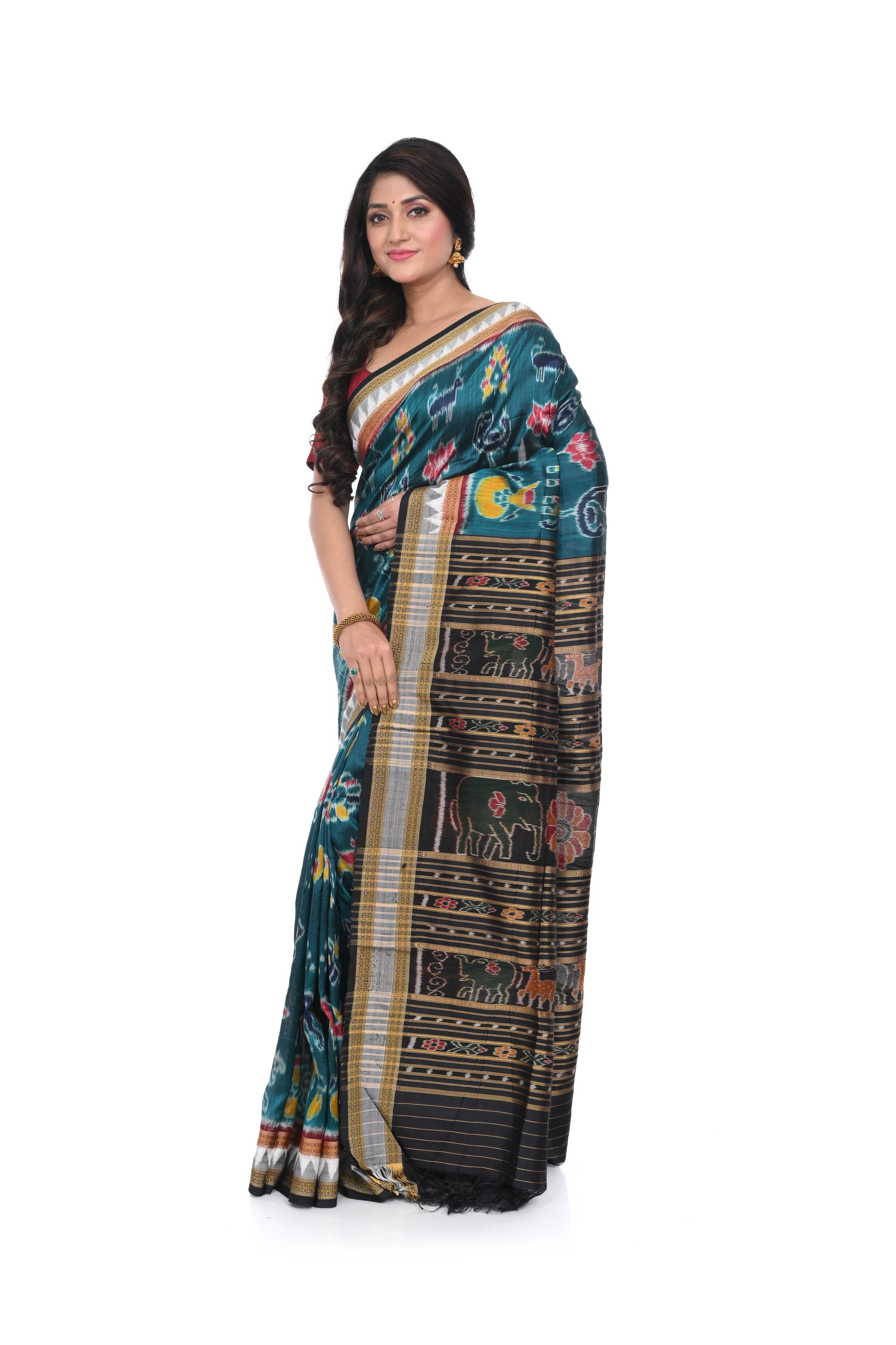 Khandua Silk Nabakothi Saree with Ramagreen Base and Multi Coloured Border and Animal Anchal