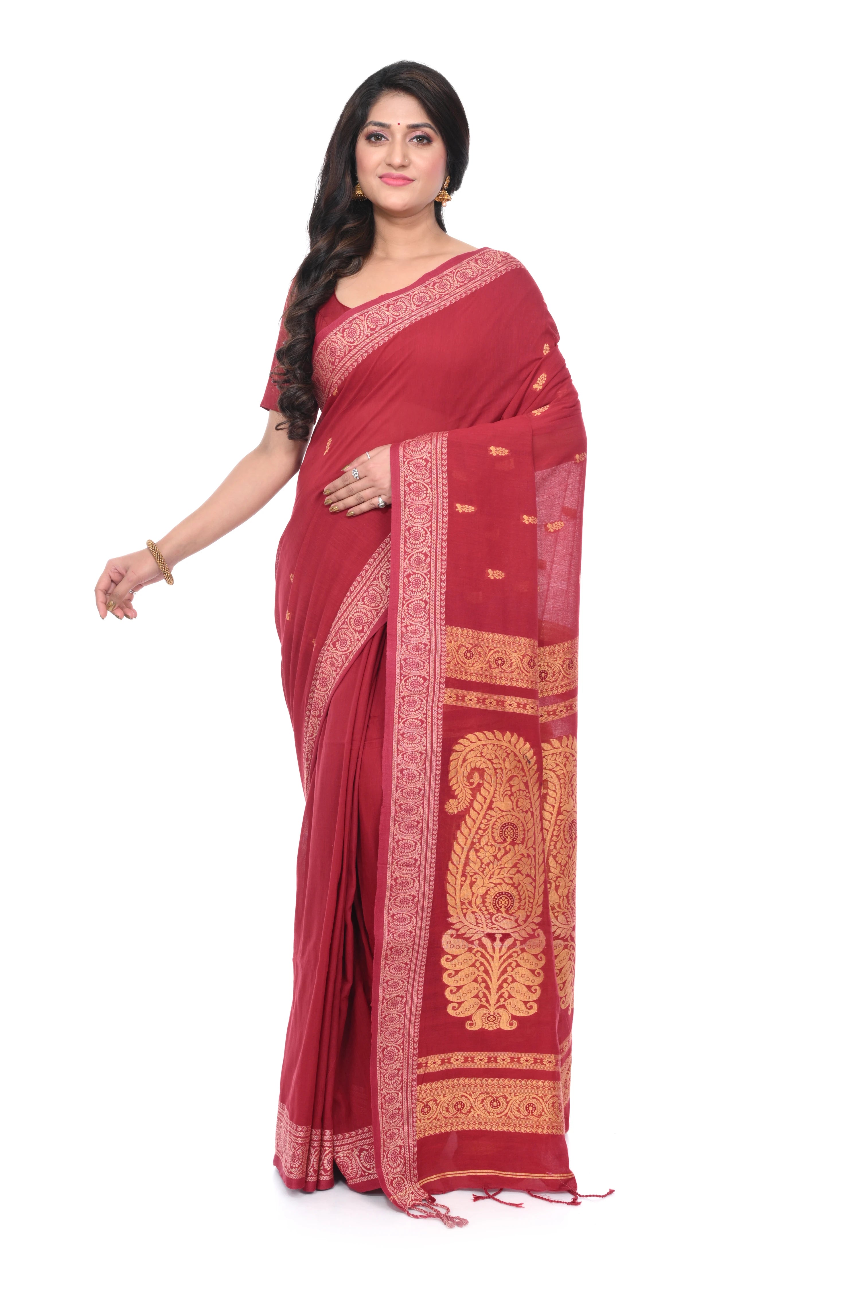 Maroon Colour Cotton Baluchori Saree with Muga Thead Worked