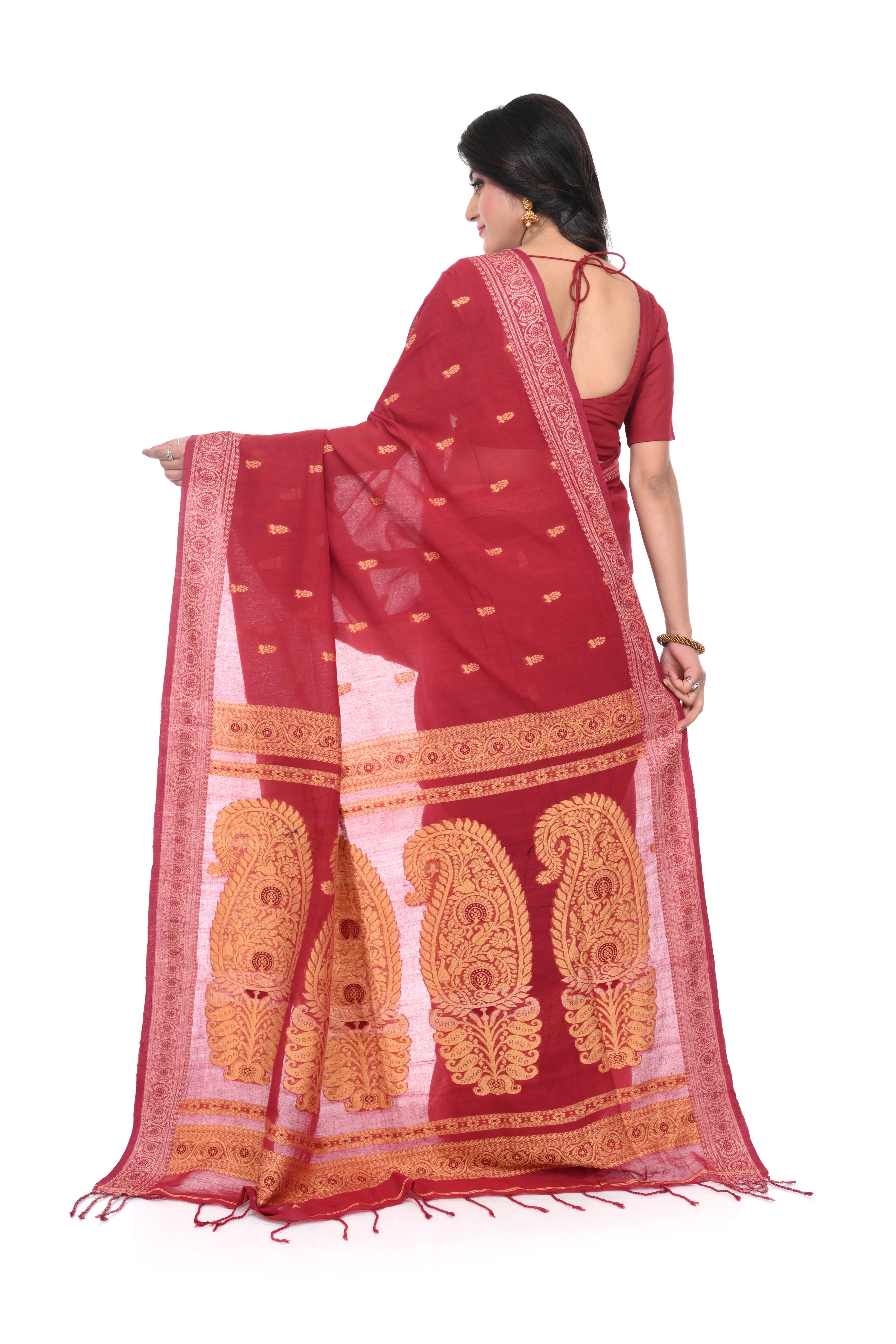 Maroon Colour Cotton Baluchori Saree with Muga Thead Worked