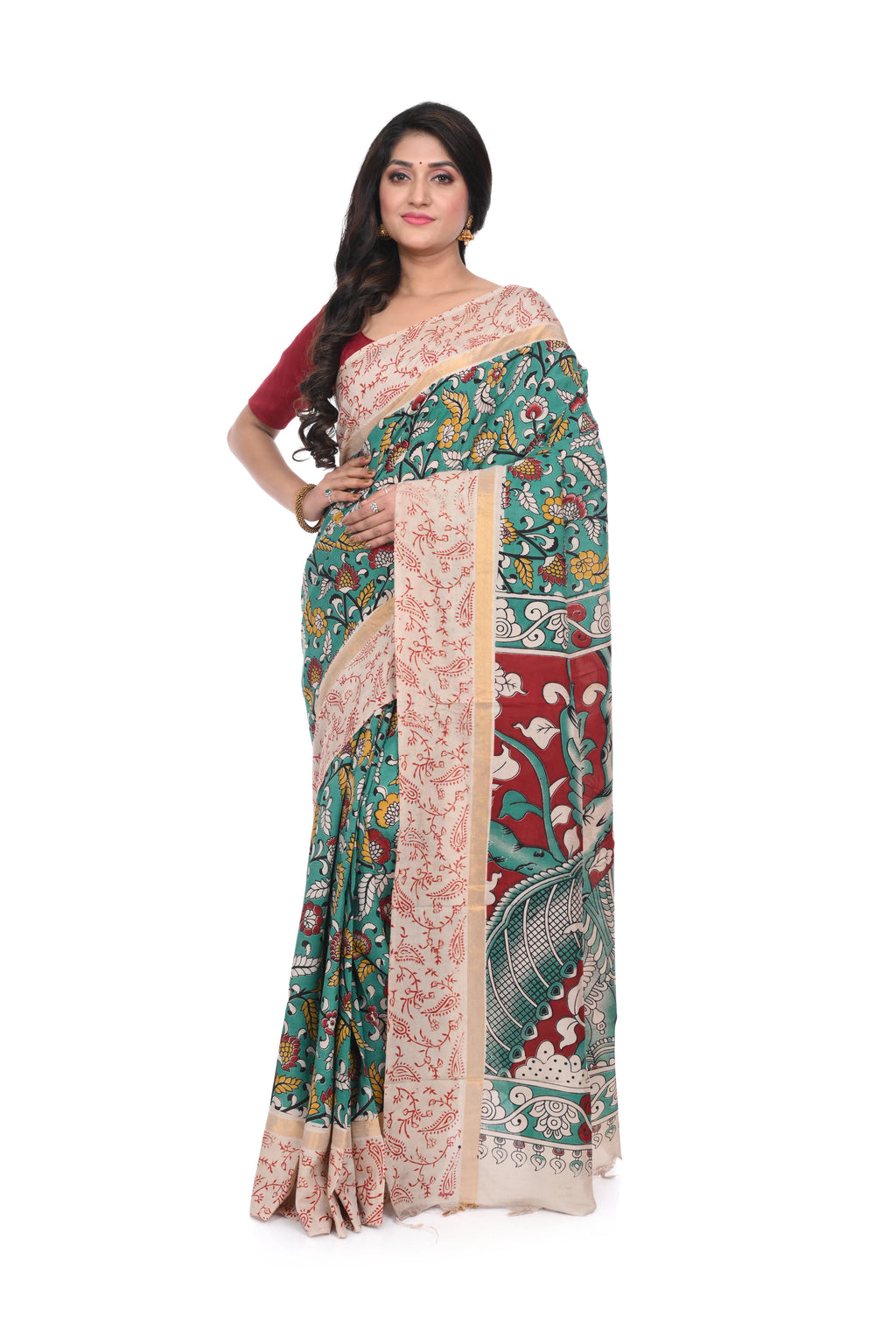 Nellore Silk Saree with Offwhite Border and Rama Green Kalamkari Print