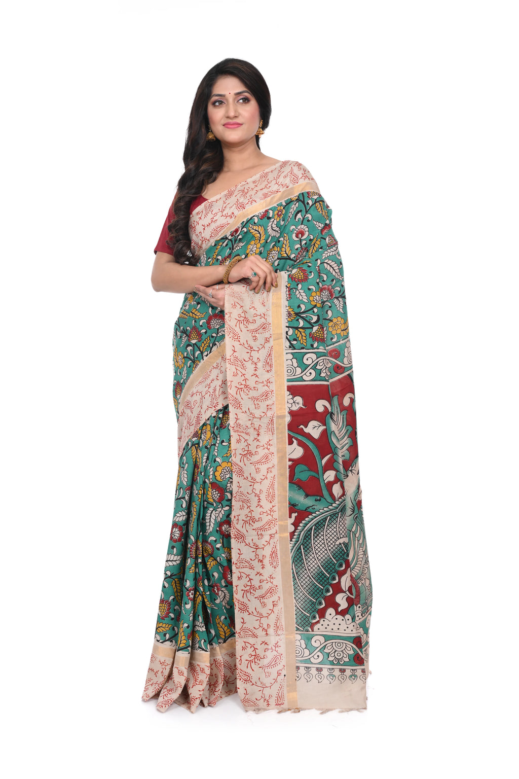 Nellore Silk Saree with Offwhite Border and Rama Green Kalamkari Print