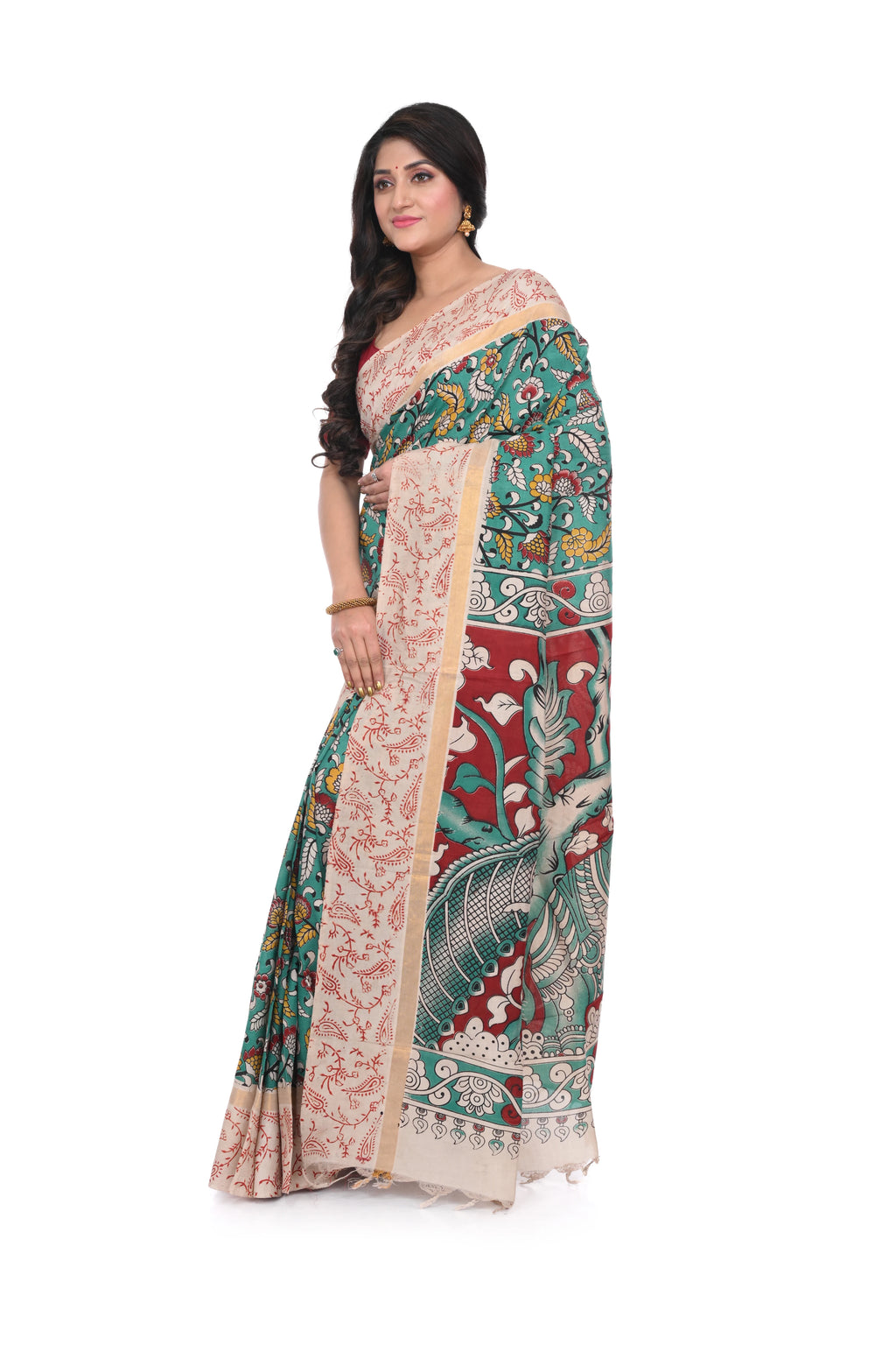 Nellore Silk Saree with Offwhite Border and Rama Green Kalamkari Print