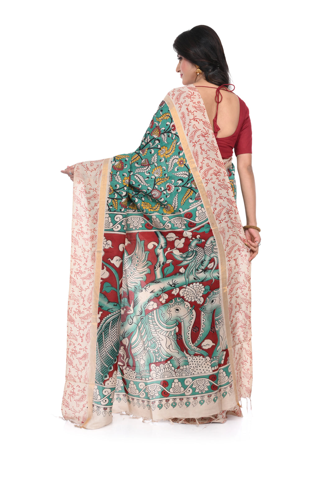 Nellore Silk Saree with Offwhite Border and Rama Green Kalamkari Print