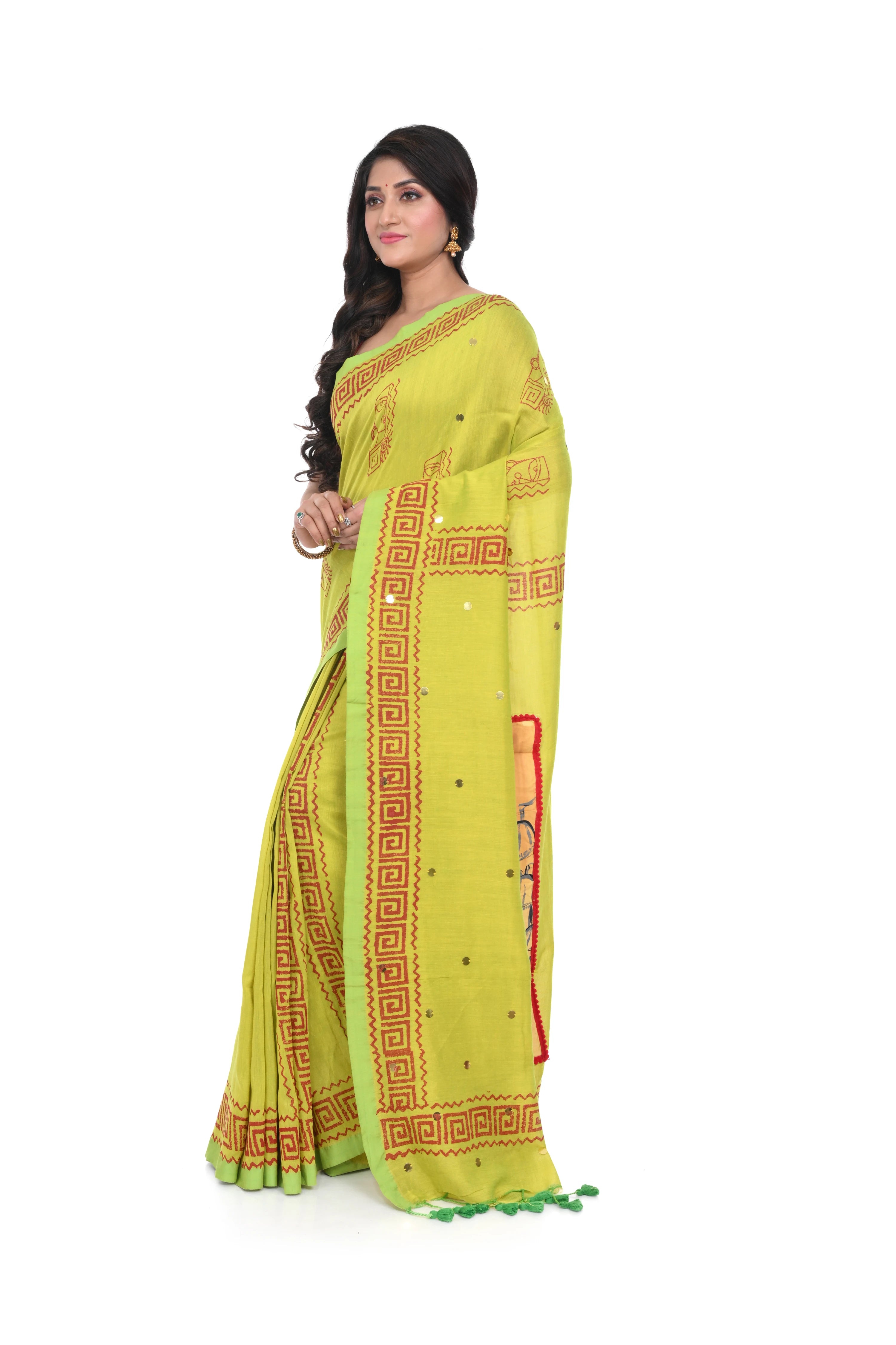 Pista Green Handloom Saree with Block and Patch Work