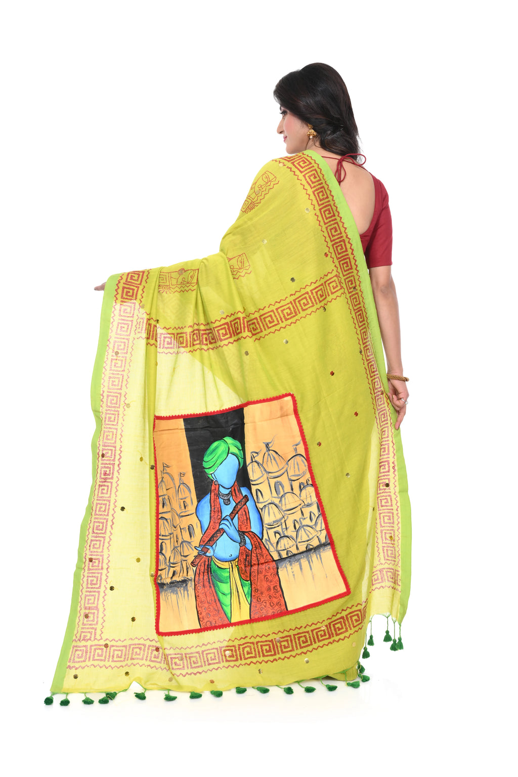 Pista Green Handloom Saree with Block and Patch Work