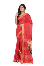 Red Semi Tussar Saree with Hand Paint Decorated Nartaki Motif.