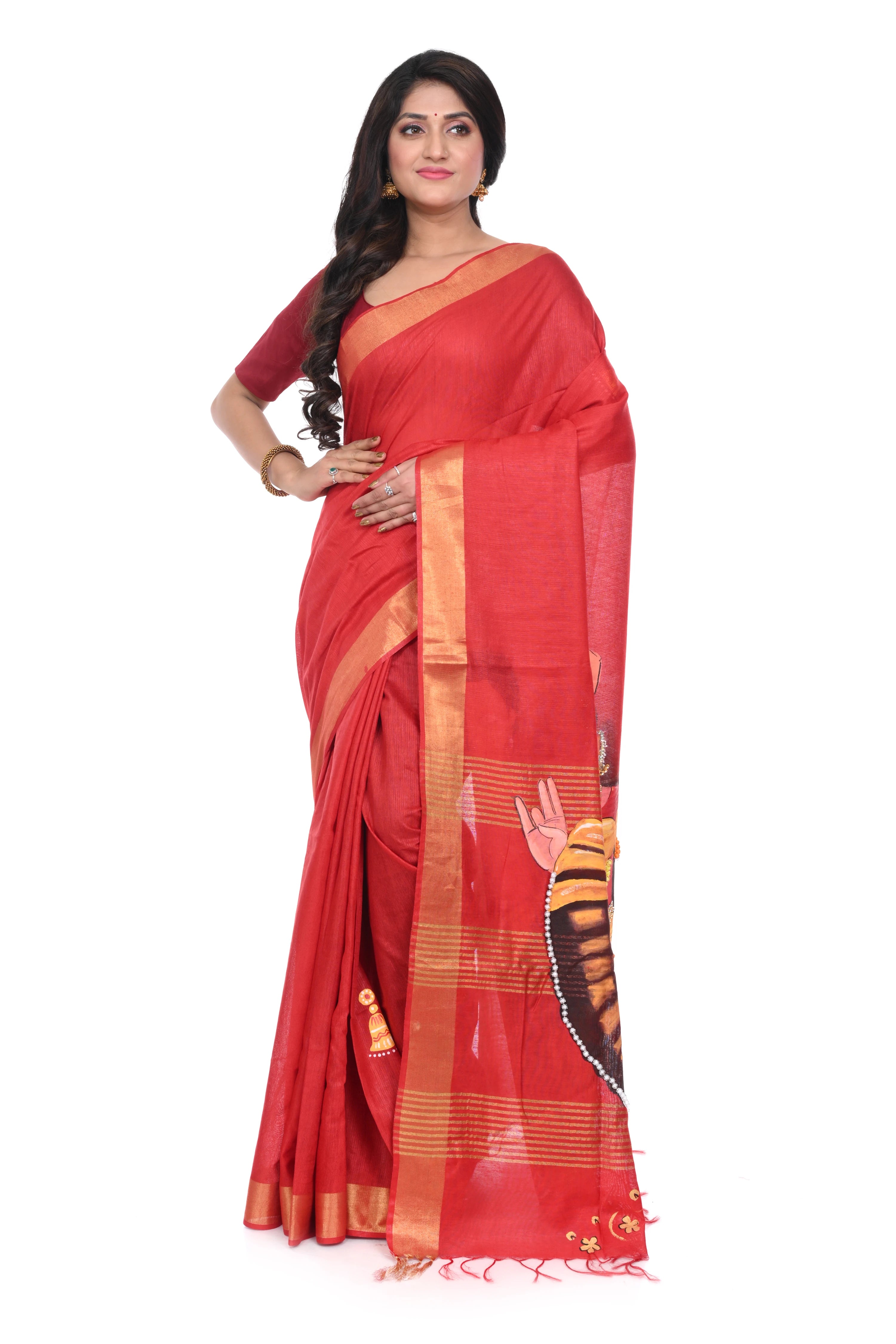 Red Semi Tussar Saree with Hand Paint Decorated Nartaki Motif.