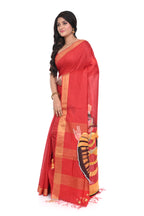 Red Semi Tussar Saree with Hand Paint Decorated Nartaki Motif.