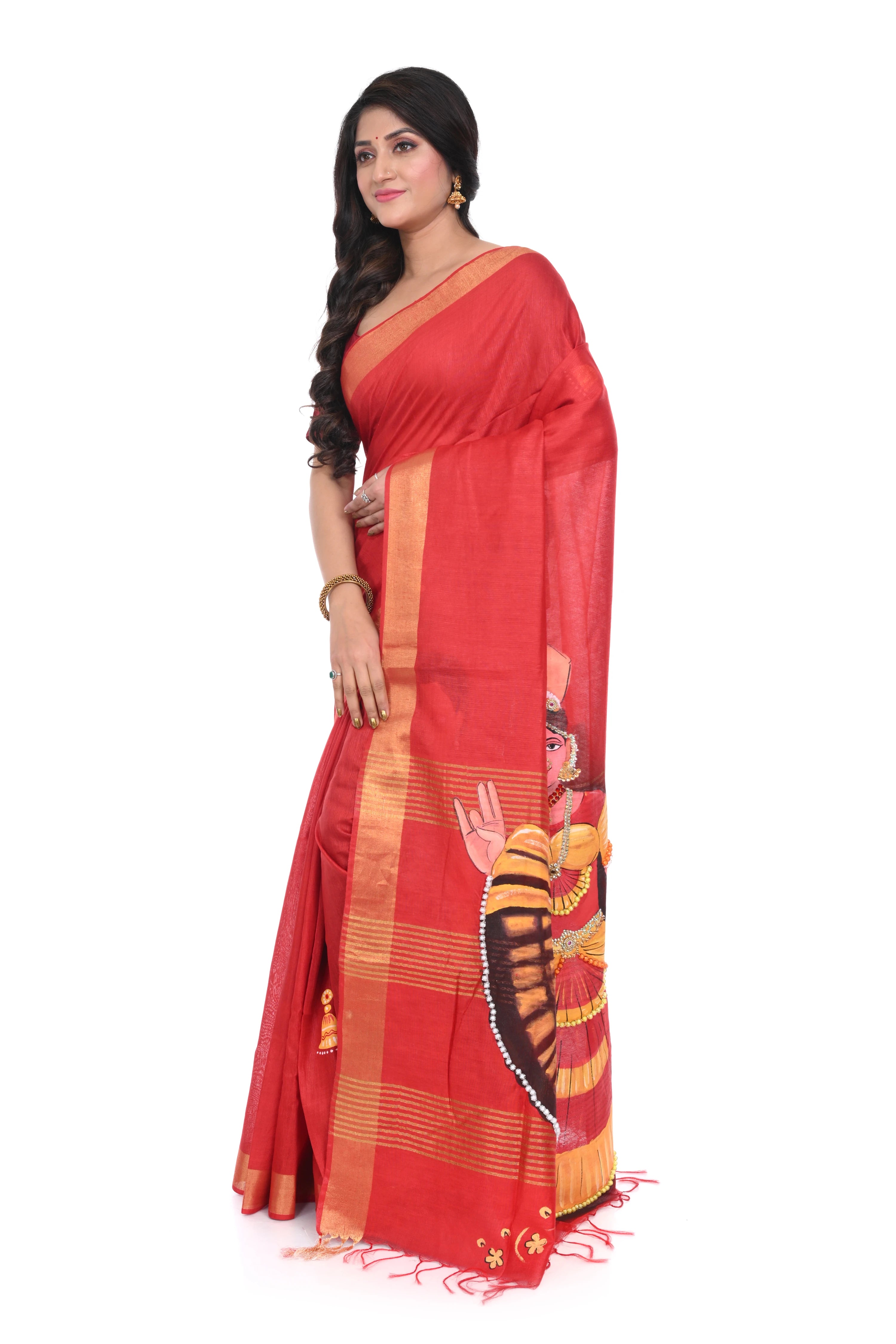 Red Semi Tussar Saree with Hand Paint Decorated Nartaki Motif.