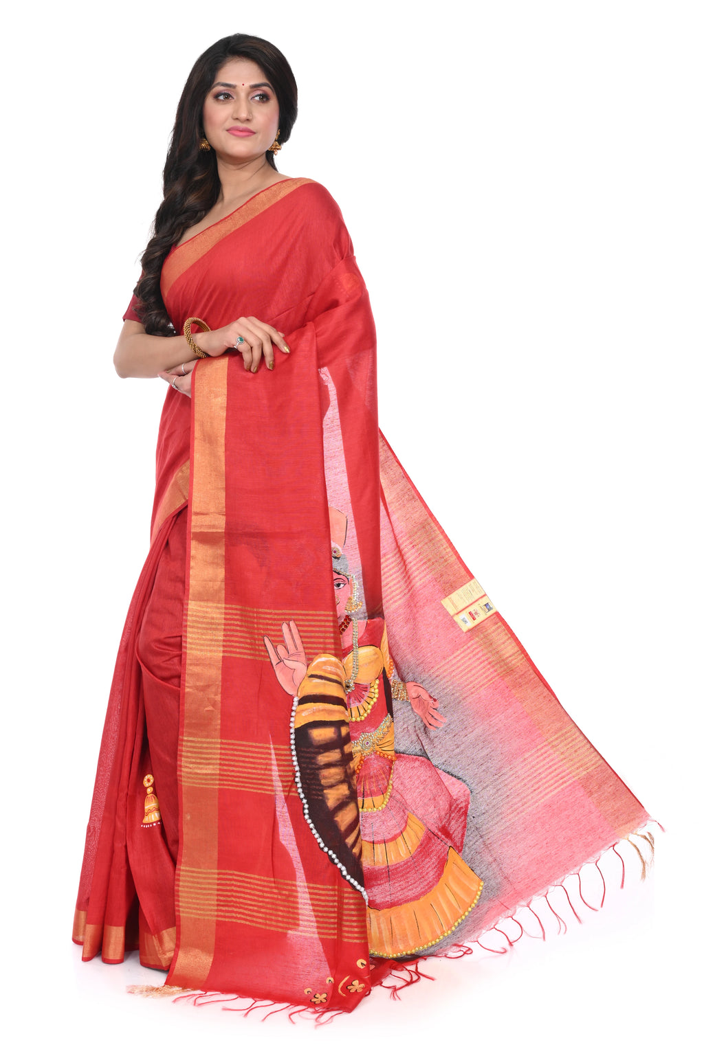 Red Semi Tussar Saree with Hand Paint Decorated Nartaki Motif.