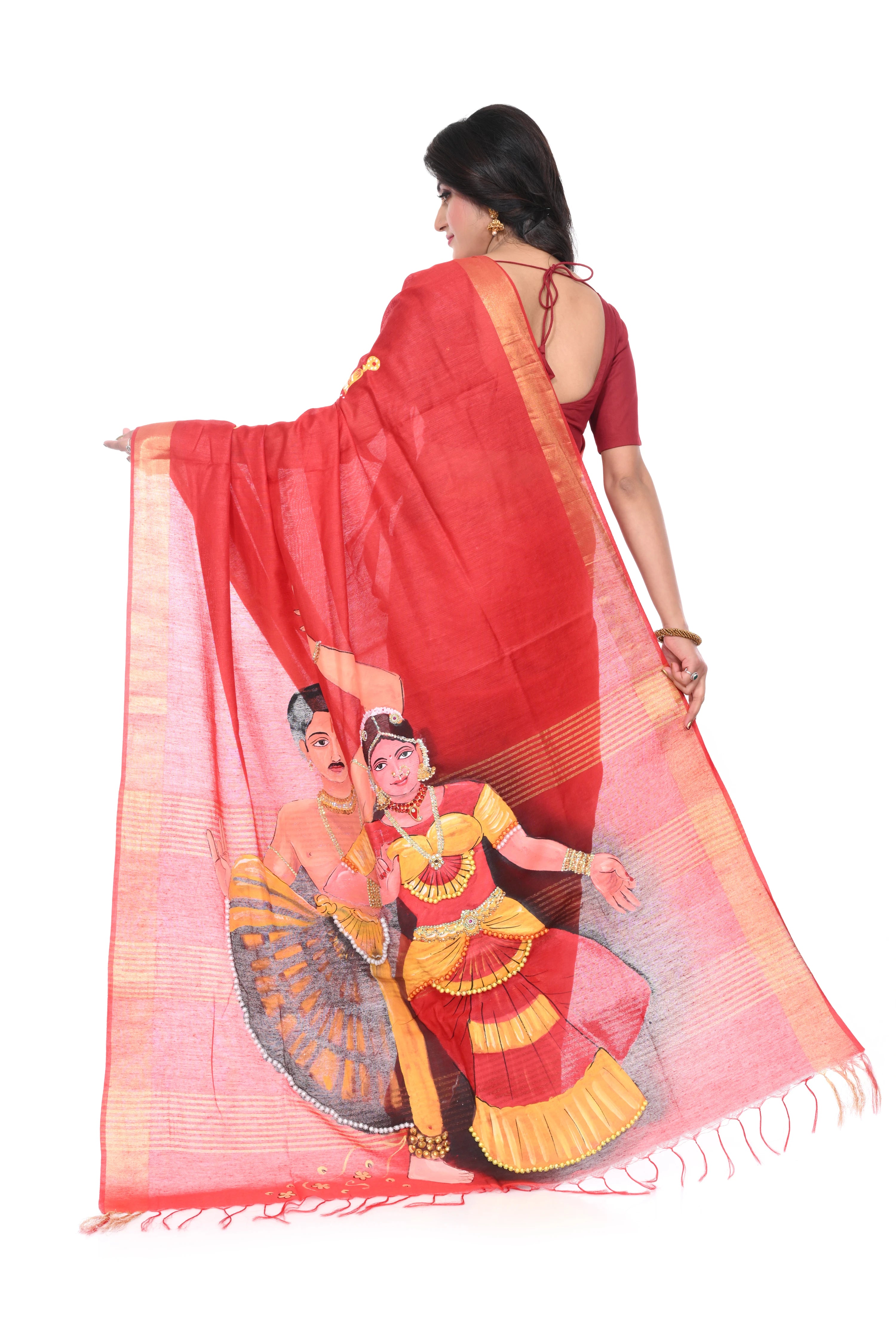Red Semi Tussar Saree with Hand Paint Decorated Nartaki Motif.