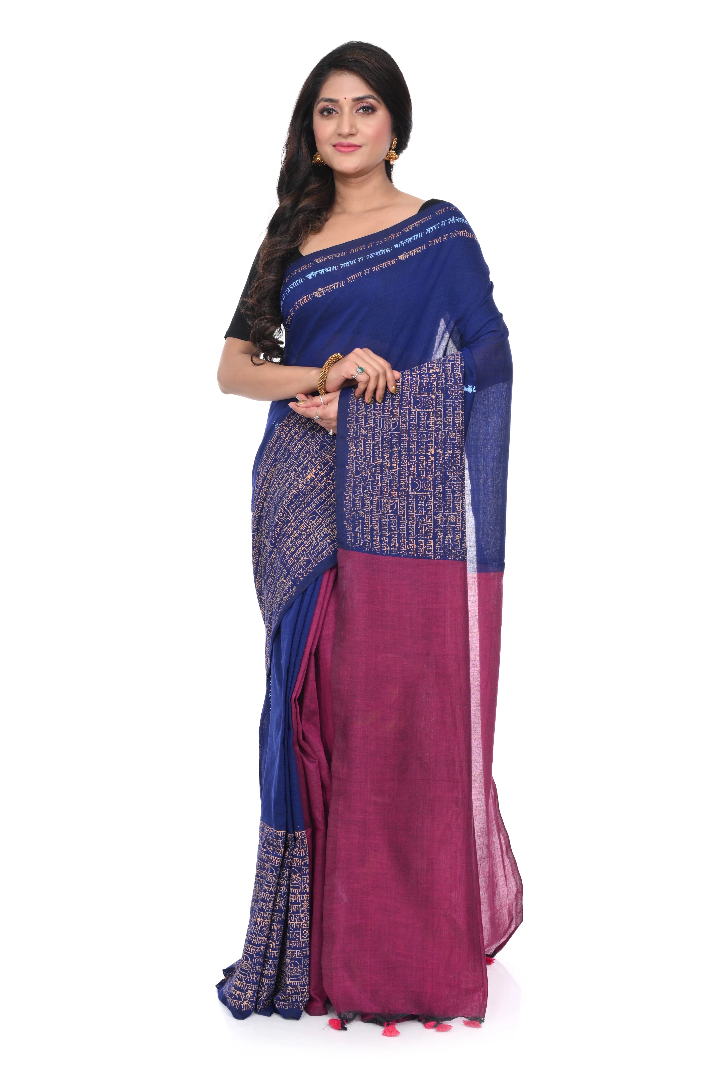 Purple Colour Pure Handloom Saree with Hand Block Script ,pallu with Hand Paint