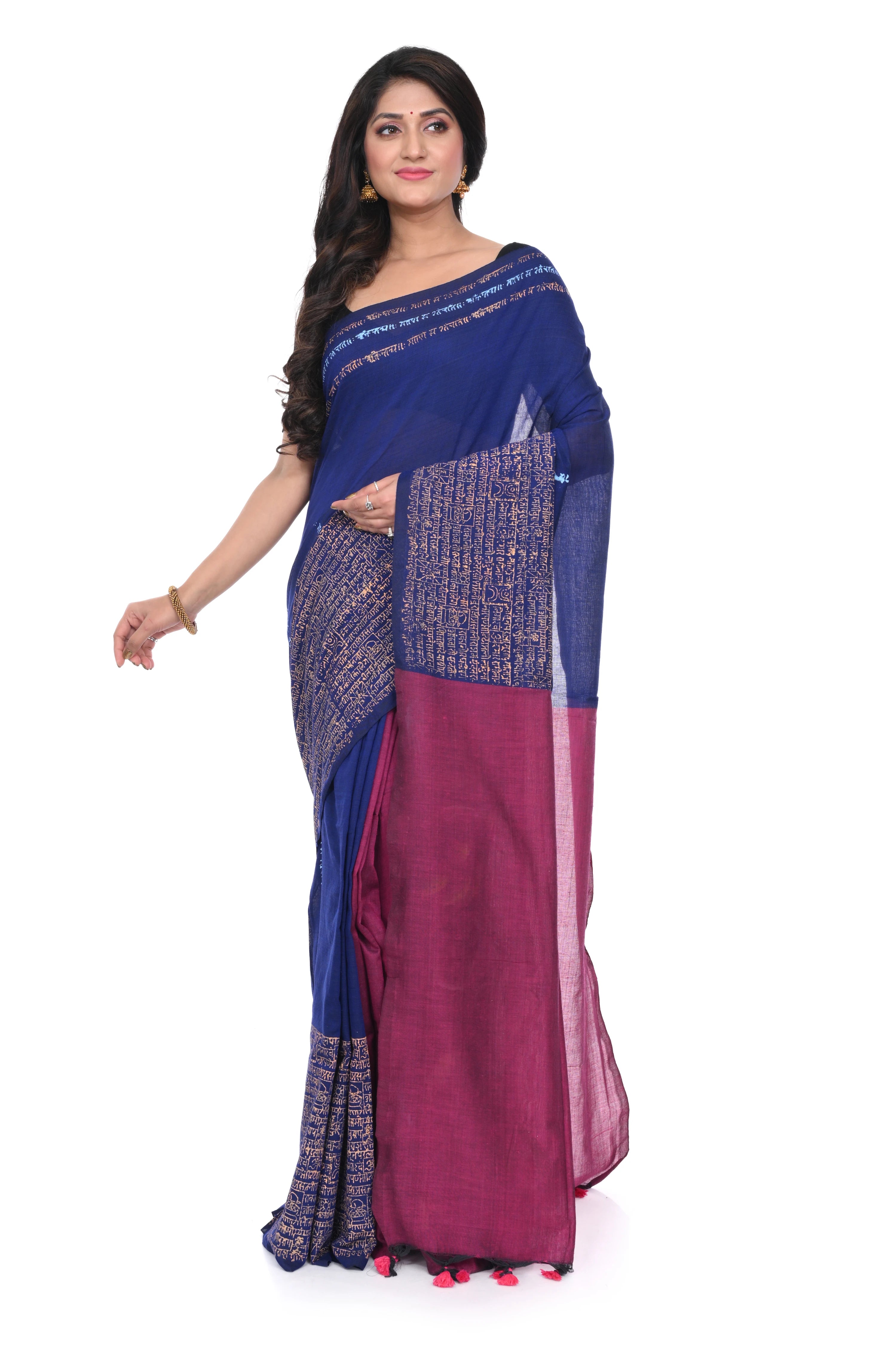 Purple Colour Pure Handloom Saree with Hand Block Script ,pallu with Hand Paint