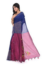 Purple Colour Pure Handloom Saree with Hand Block Script ,pallu with Hand Paint
