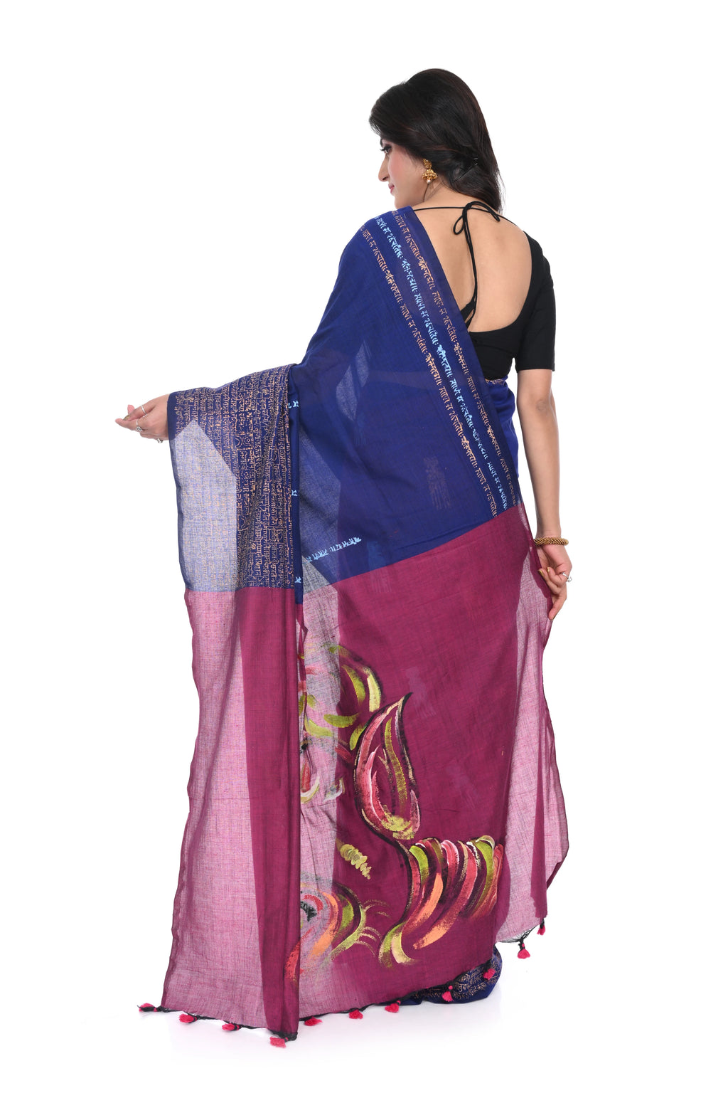 Purple Colour Pure Handloom Saree with Hand Block Script ,pallu with Hand Paint