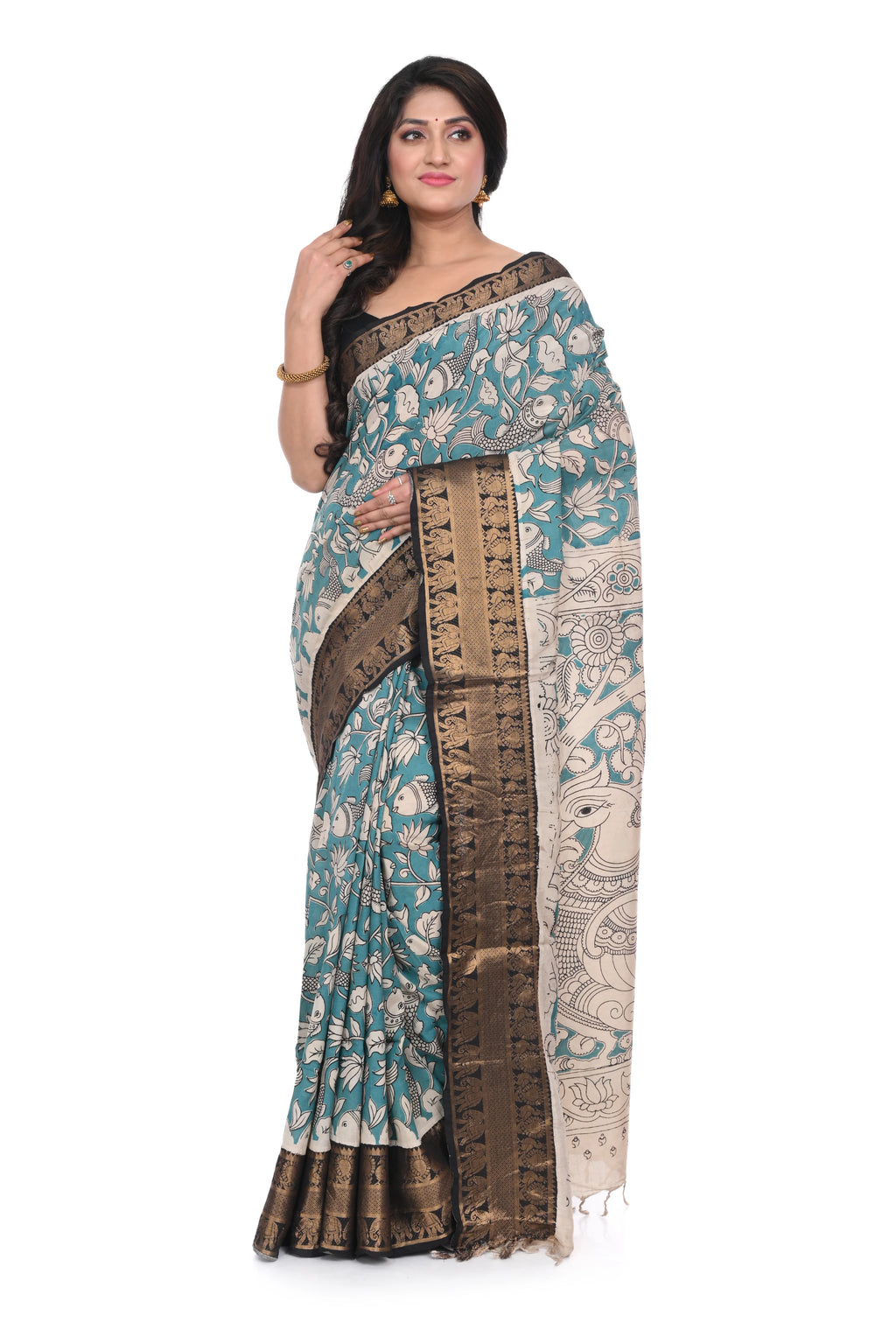 Rama Green Hand Kalamkari Block Saree with Black Zari Border Nellore Silk Base