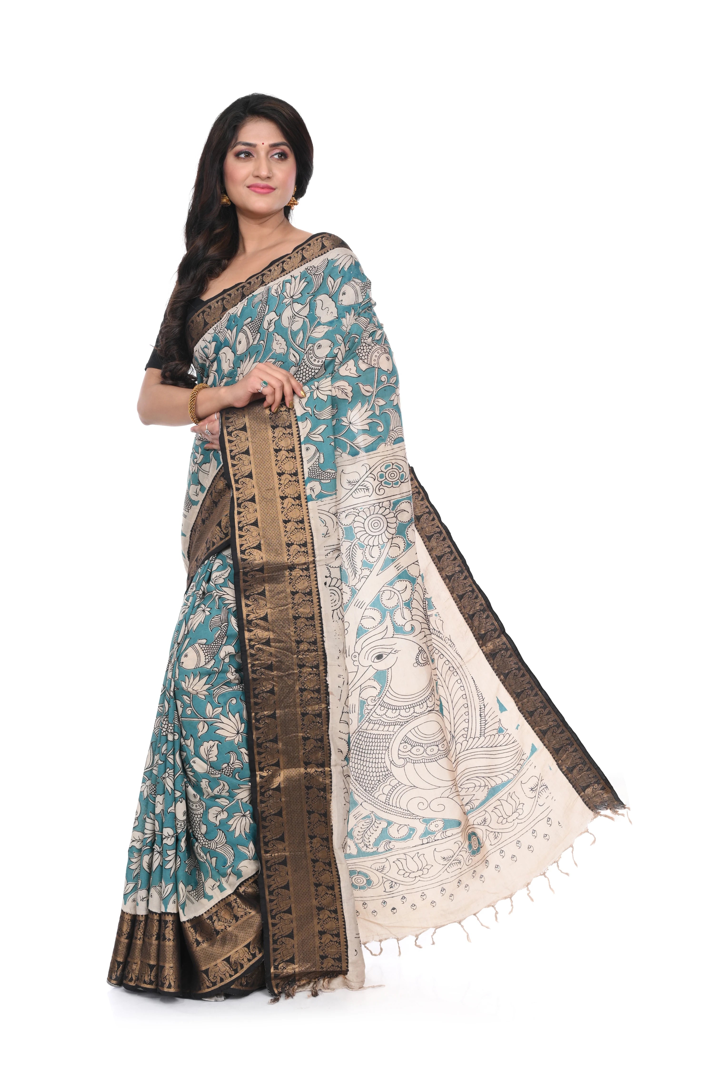 Rama Green Hand Kalamkari Block Saree with Black Zari Border Nellore Silk Base