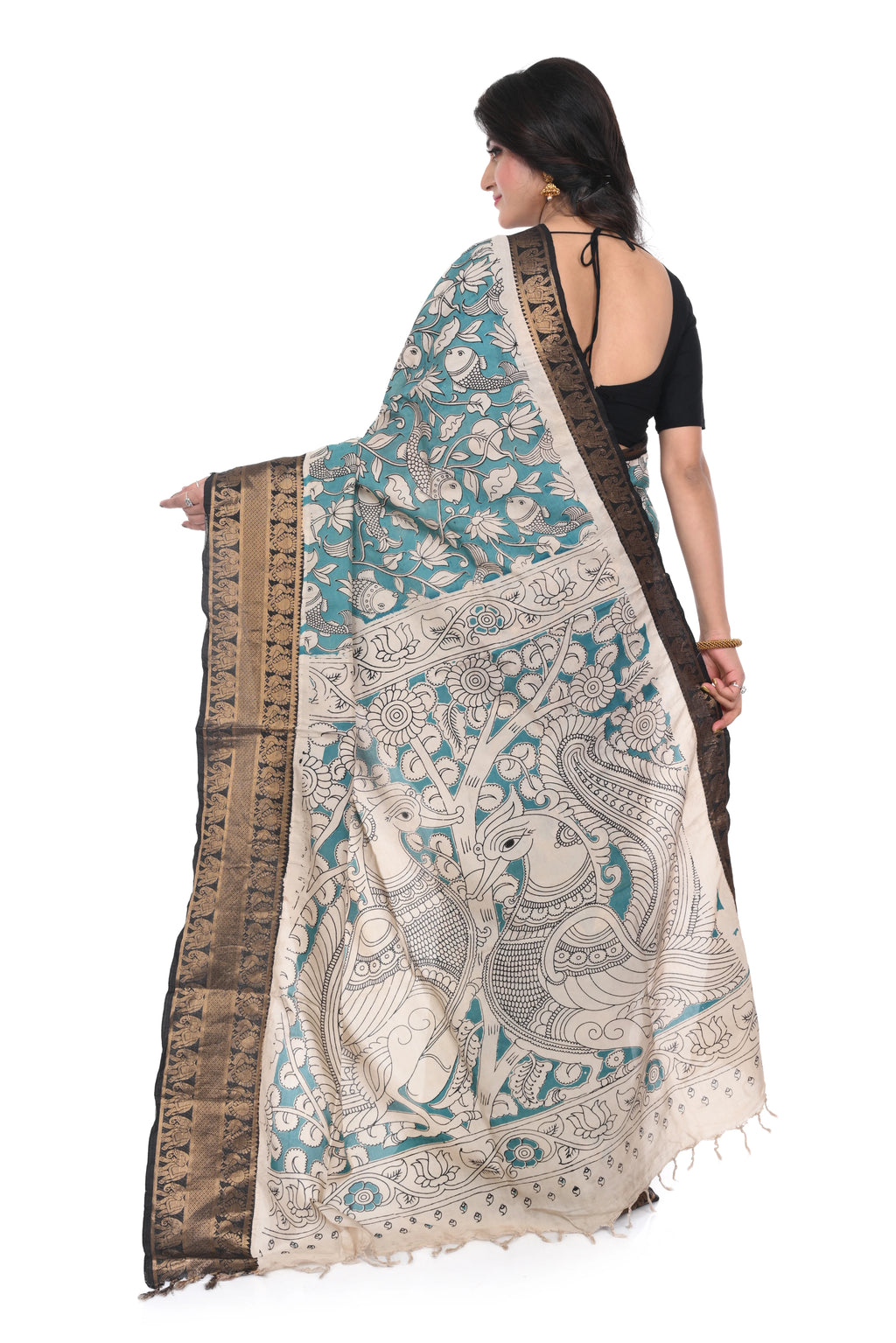 Rama Green Hand Kalamkari Block Saree with Black Zari Border Nellore Silk Base