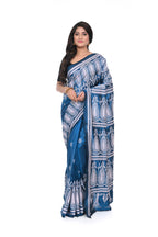 Peacock Blue Pure Silk Kantha Saree with White Thread Work