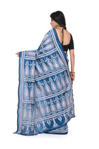 Peacock Blue Pure Silk Kantha Saree with White Thread Work