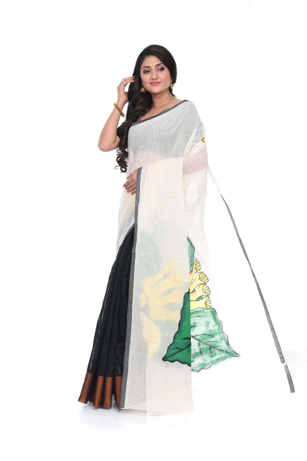 Pure Cotton Half Half Saree with Beautiful Hand Paint Durga Motif on Pallu