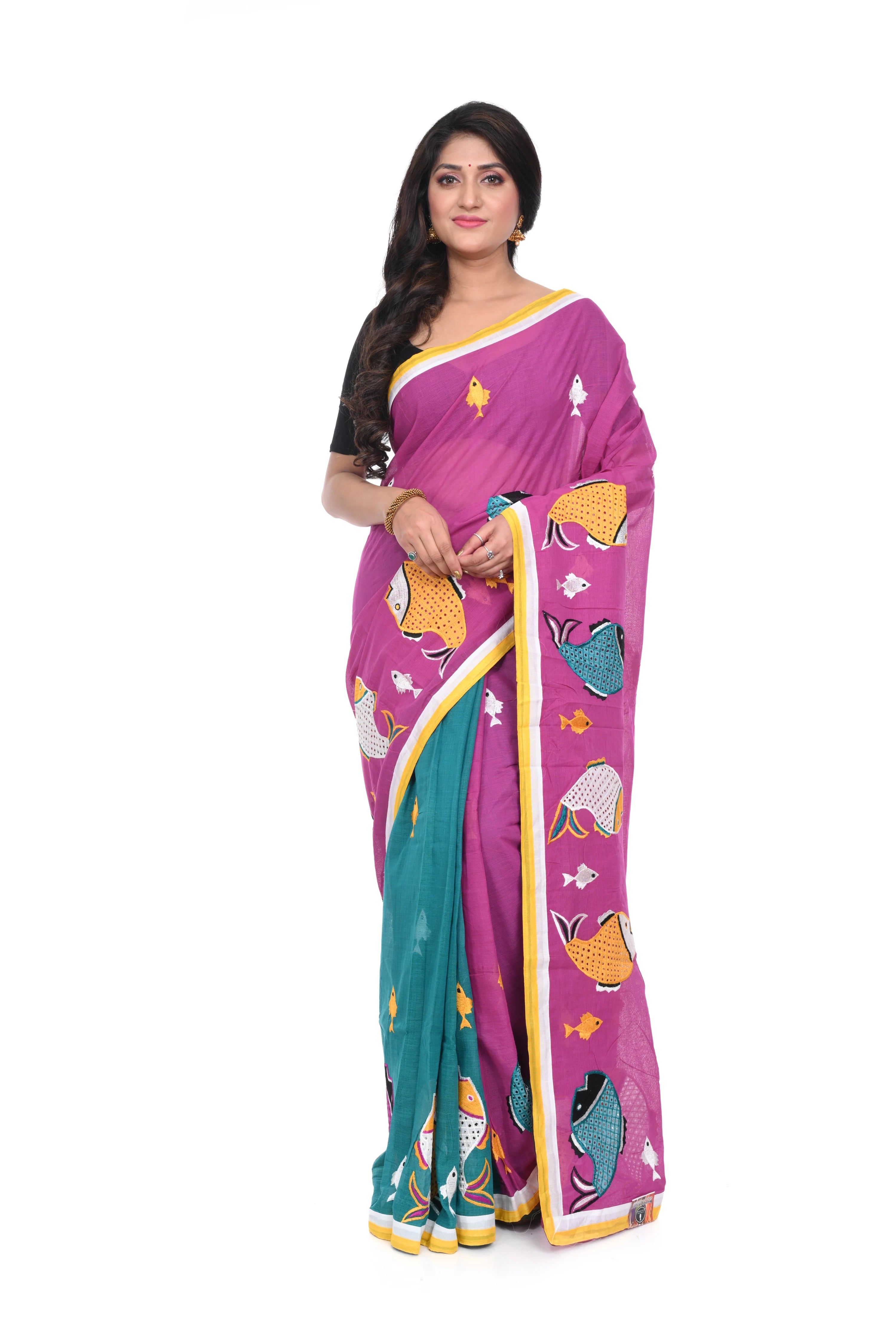Pure Cotton Fish - Motif Appliqué Saree (half - and - Half, Rama Green & Pink)