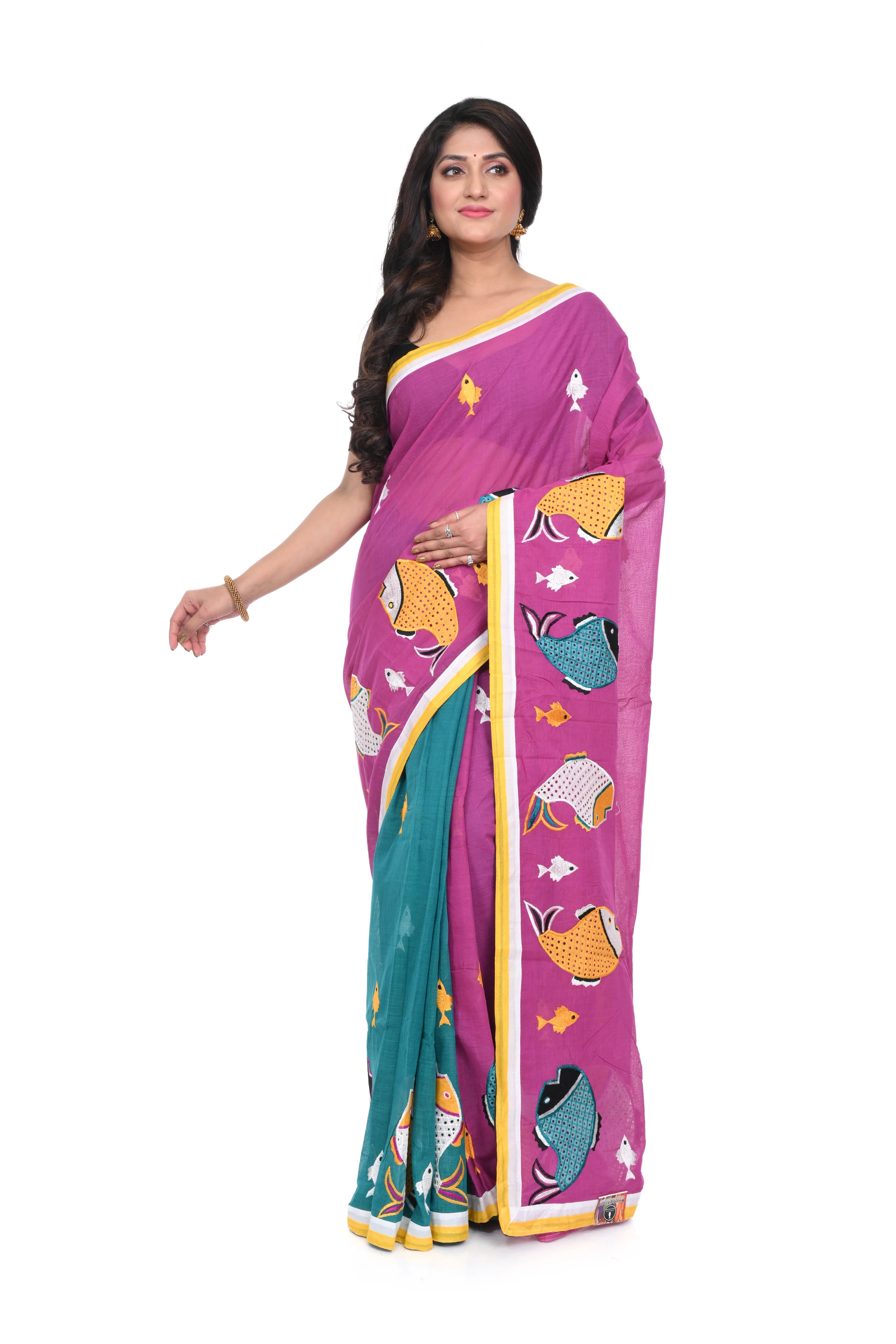 Pure Cotton Fish - Motif Appliqué Saree (half - and - Half, Rama Green & Pink)
