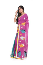 Pure Cotton Fish - Motif Appliqué Saree (half - and - Half, Rama Green & Pink)