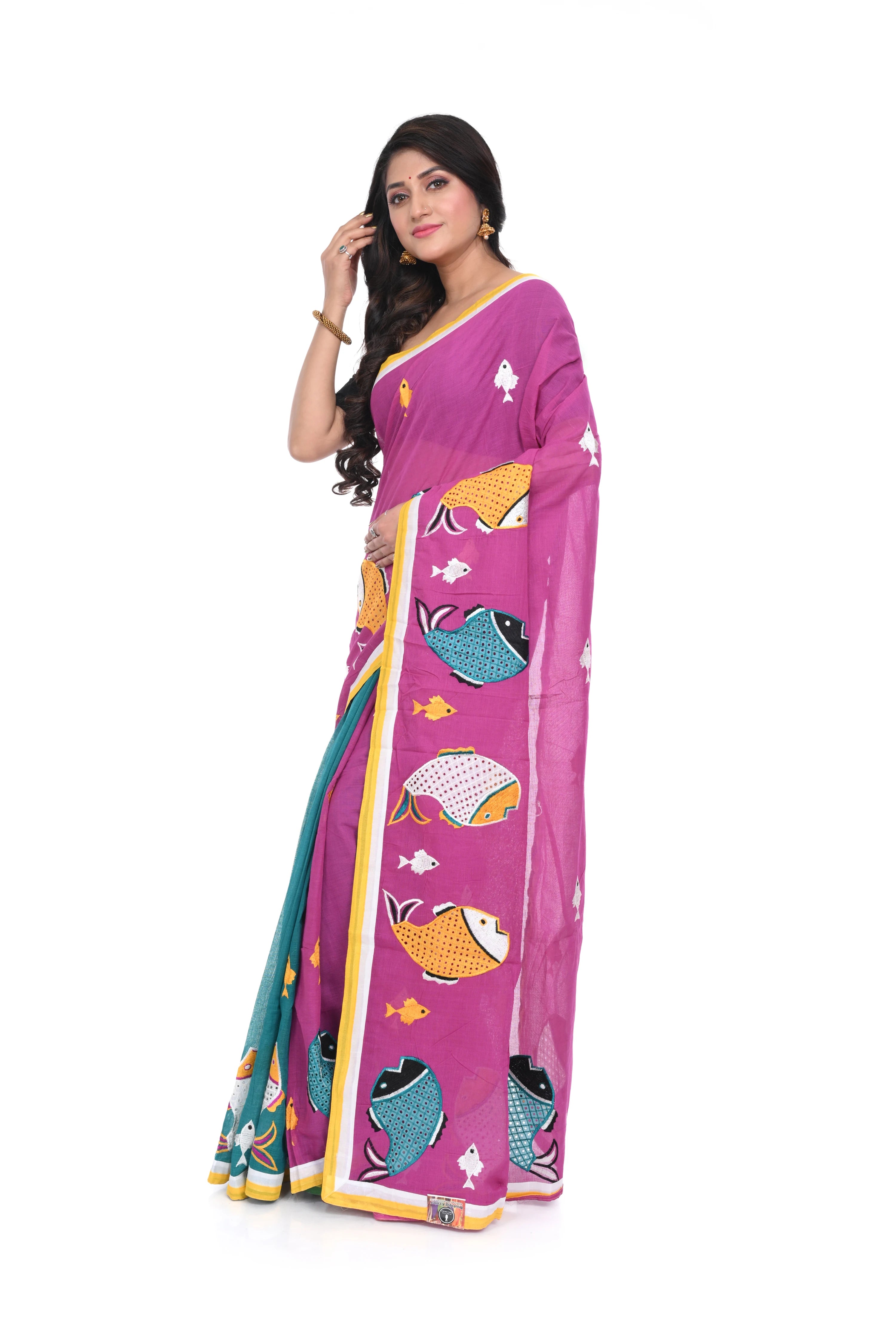 Pure Cotton Fish - Motif Appliqué Saree (half - and - Half, Rama Green & Pink)