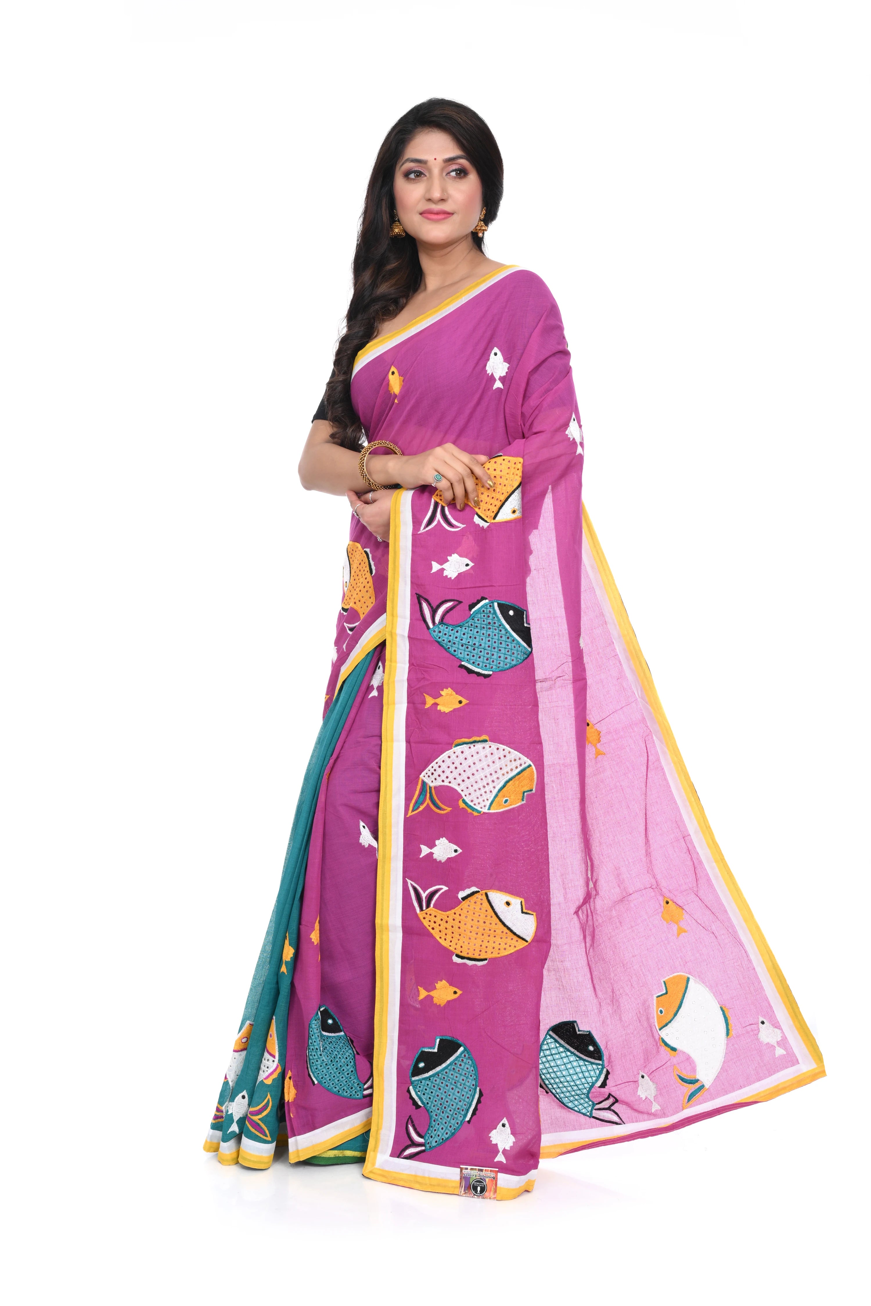 Pure Cotton Fish - Motif Appliqué Saree (half - and - Half, Rama Green & Pink)