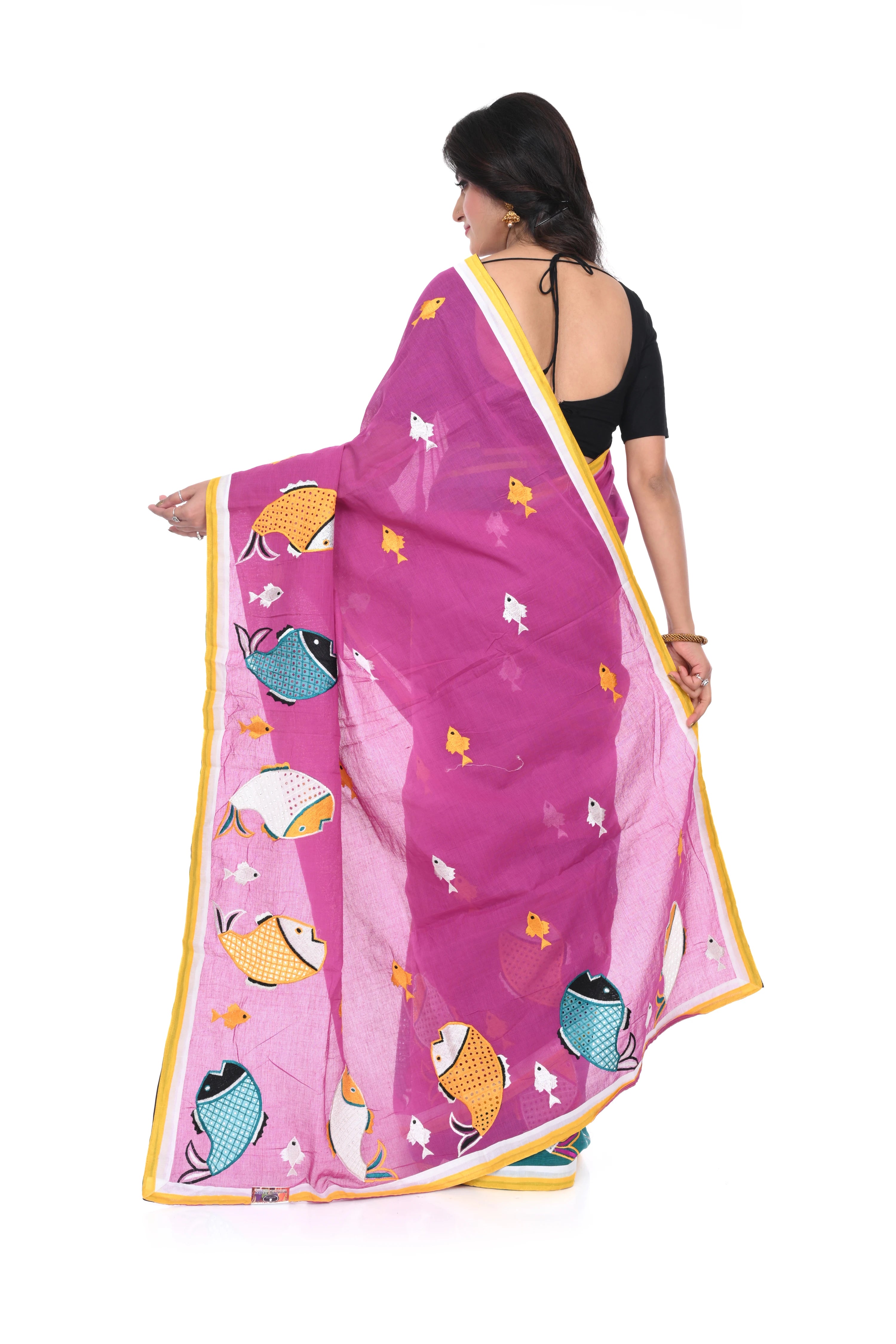 Pure Cotton Fish - Motif Appliqué Saree (half - and - Half, Rama Green & Pink)