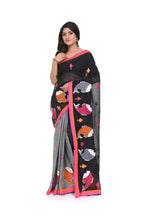 Pure Cotton Fish - Motif Appliqua Saree (half - and - Half, Black & Grey)