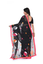 Pure Cotton Fish - Motif Appliqua Saree (half - and - Half, Black & Grey)