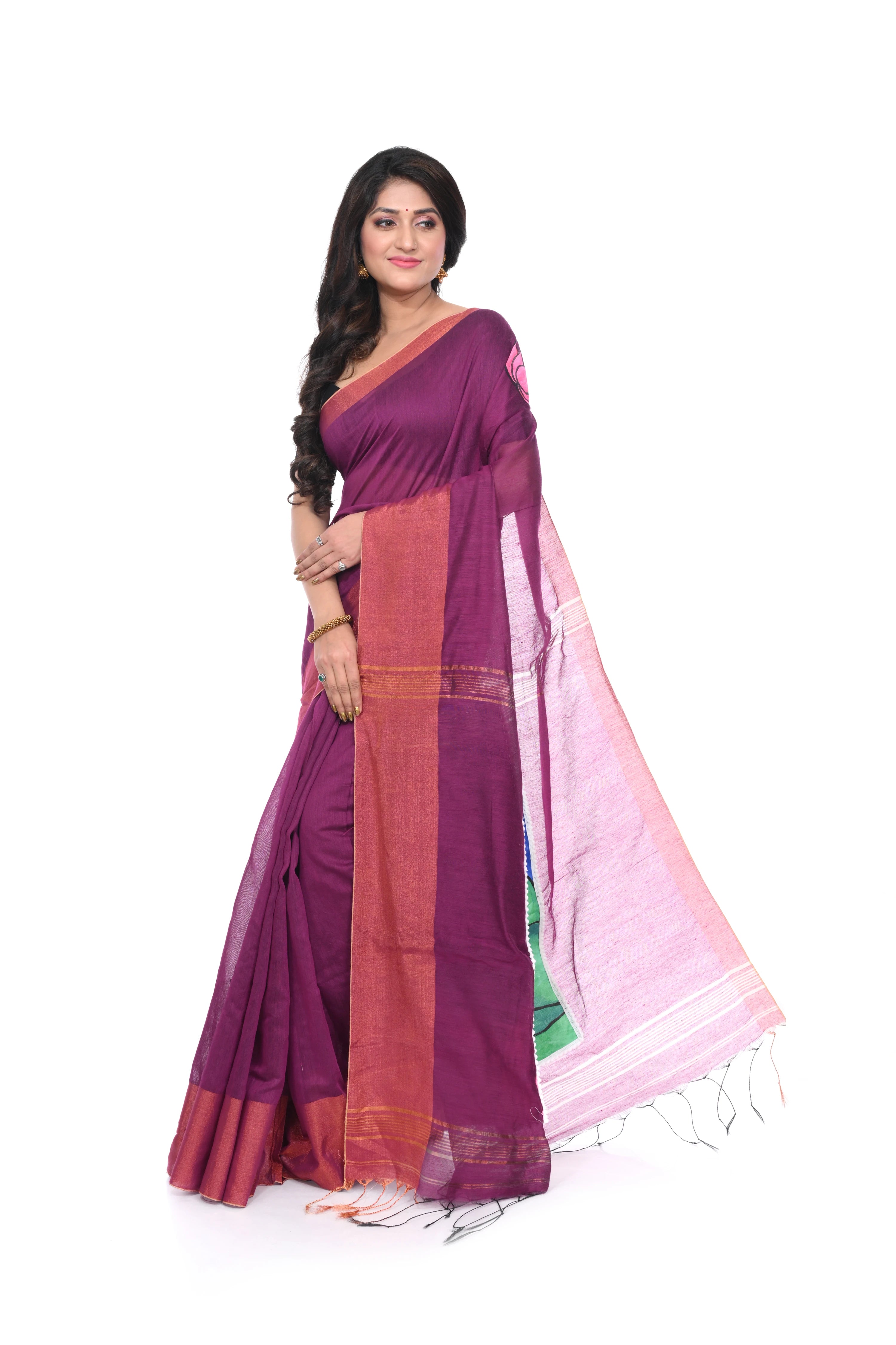 Magenta Handloom Saree with Hand - Painted Pallu