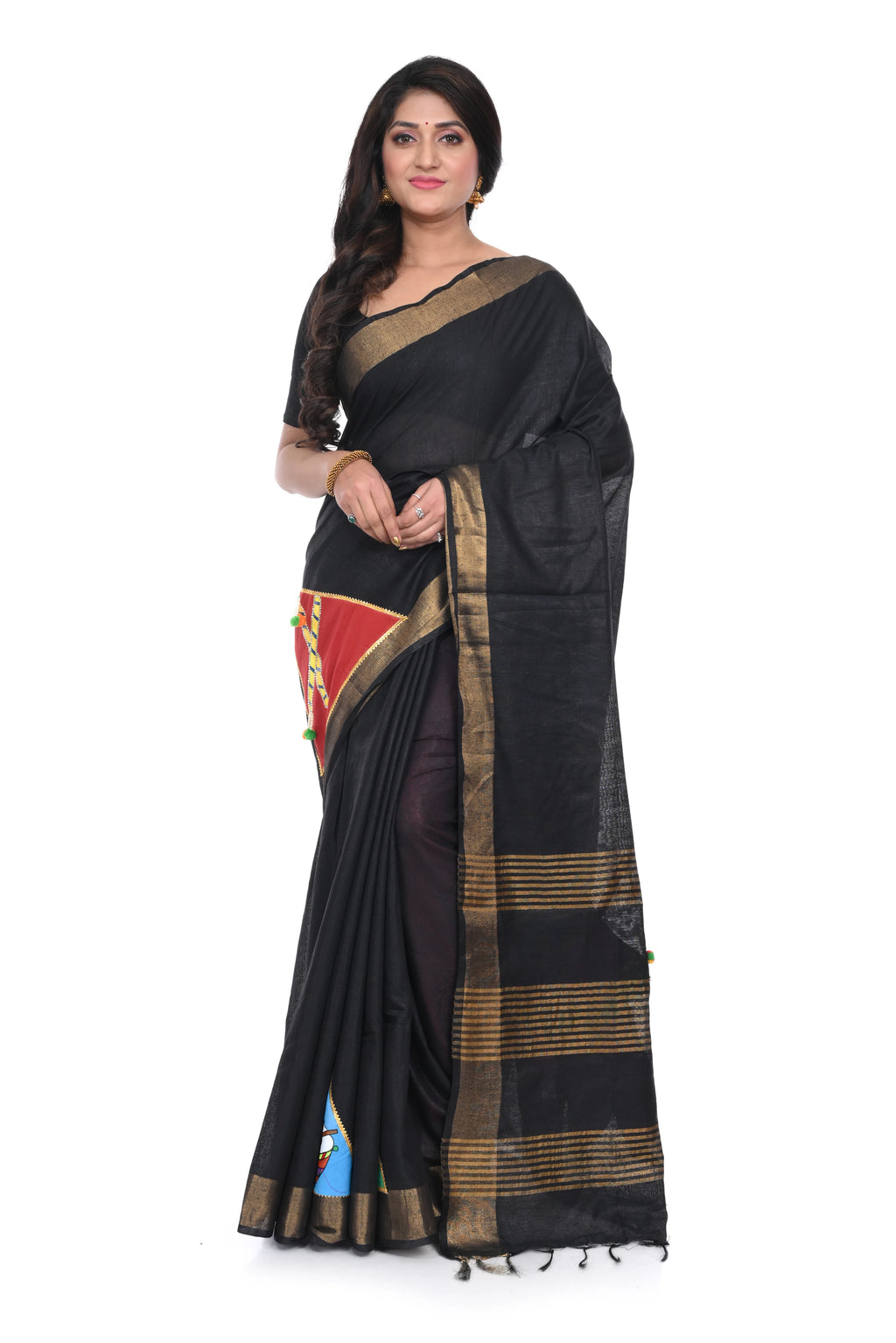 Black Semi Tussar Saree with Hand - Painted Appliqué (dandiya Motif)