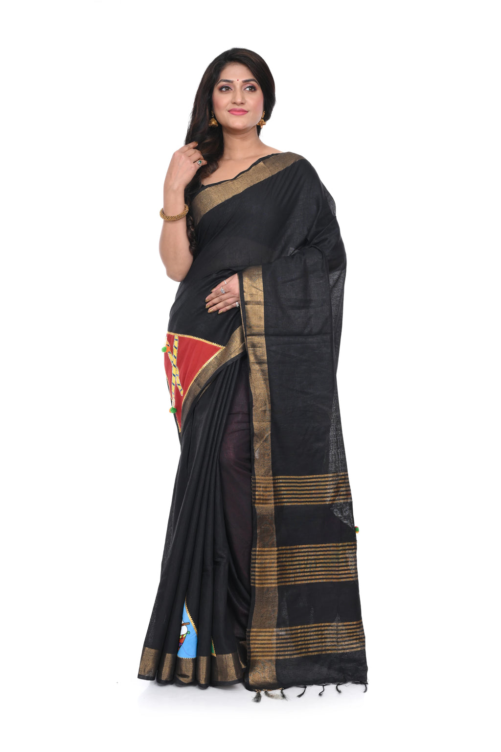 Black Semi Tussar Saree with Hand - Painted Appliqué (dandiya Motif)