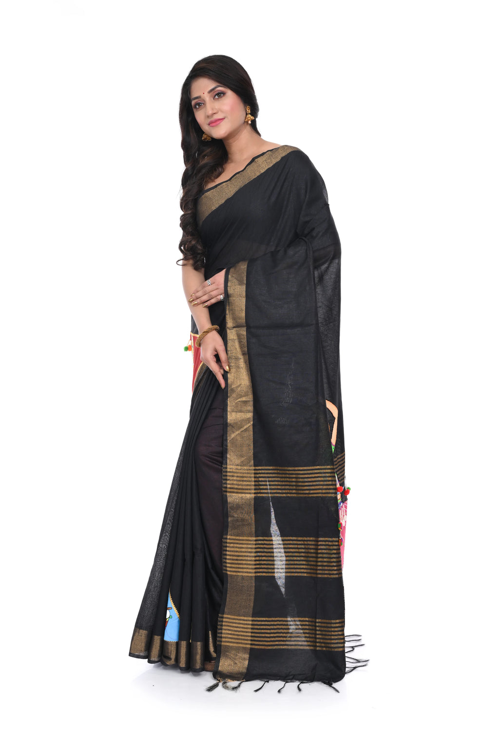 Black Semi Tussar Saree with Hand - Painted Appliqué (dandiya Motif)