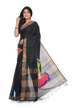Black Semi Tussar Saree with Hand - Painted Appliqué (dandiya Motif)