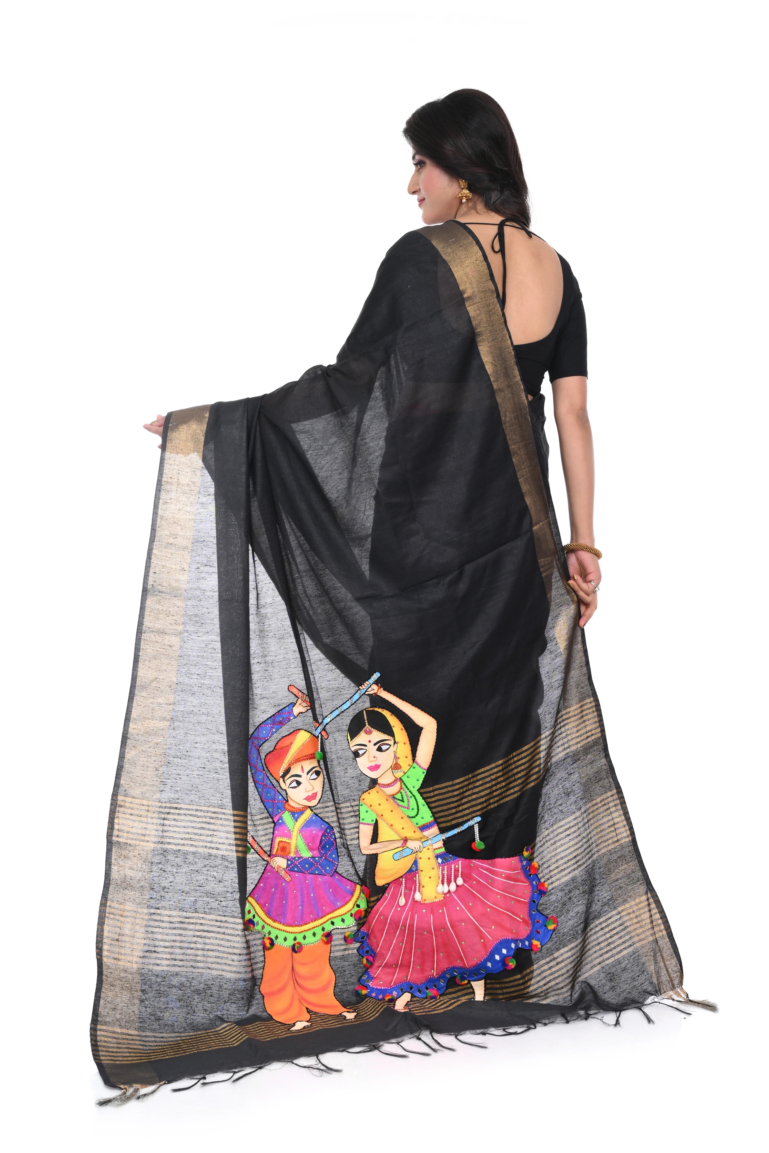 Black Semi Tussar Saree with Hand - Painted Appliqué (dandiya Motif)