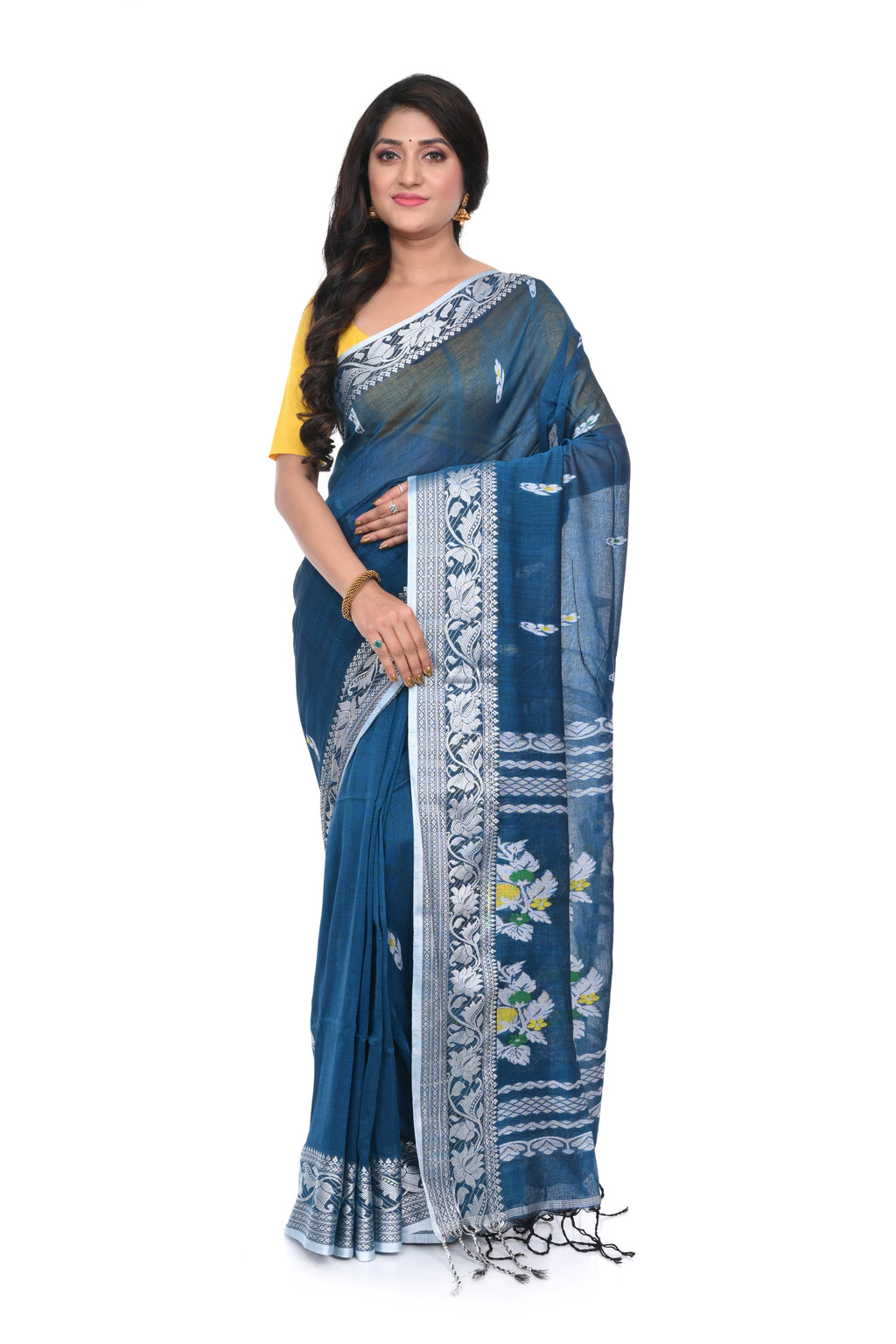 Blue Cotton Handloom Saree with White Border