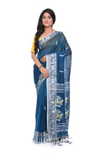 Blue Cotton Handloom Saree with White Border