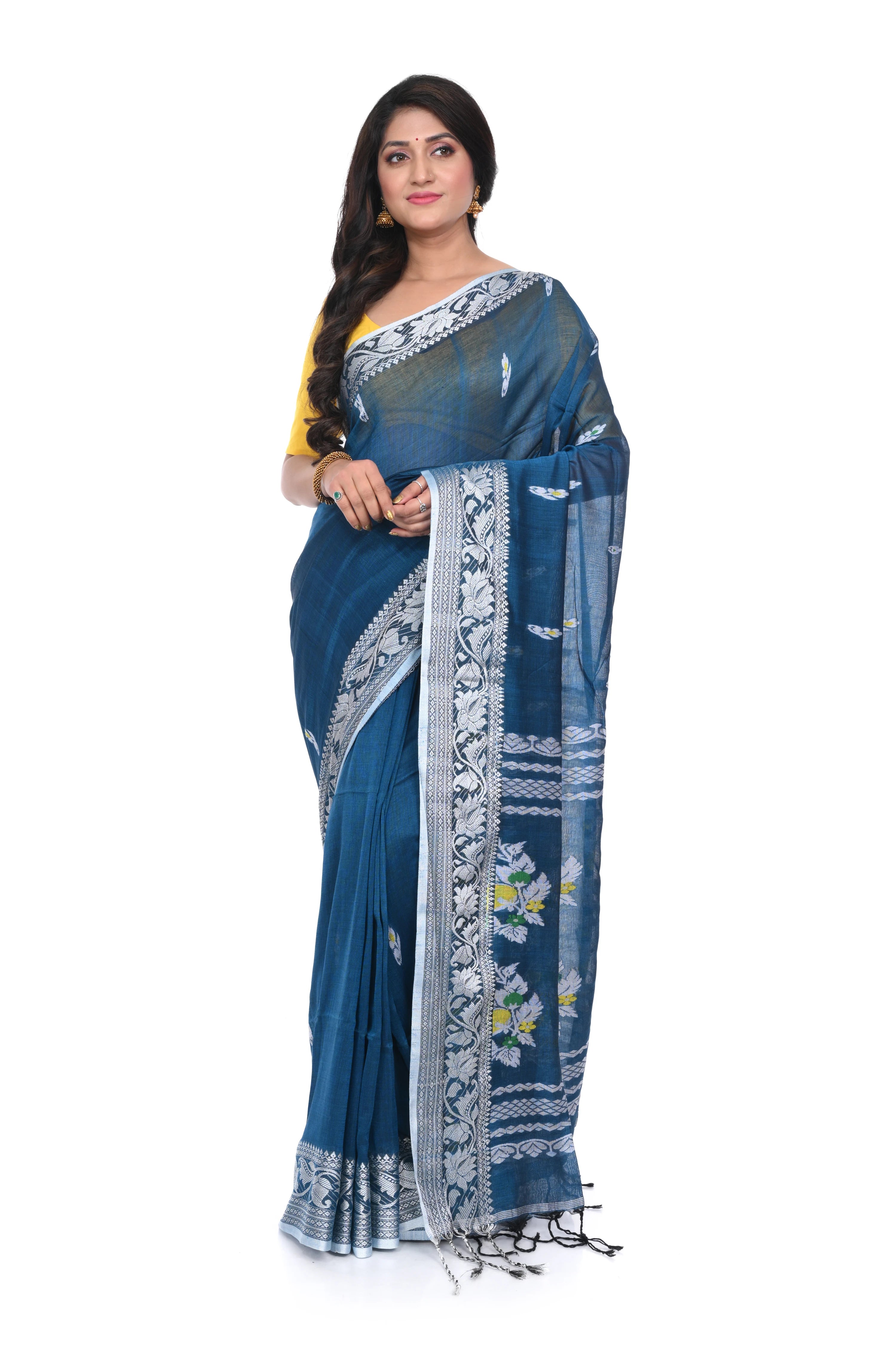 Blue Cotton Handloom Saree with White Border