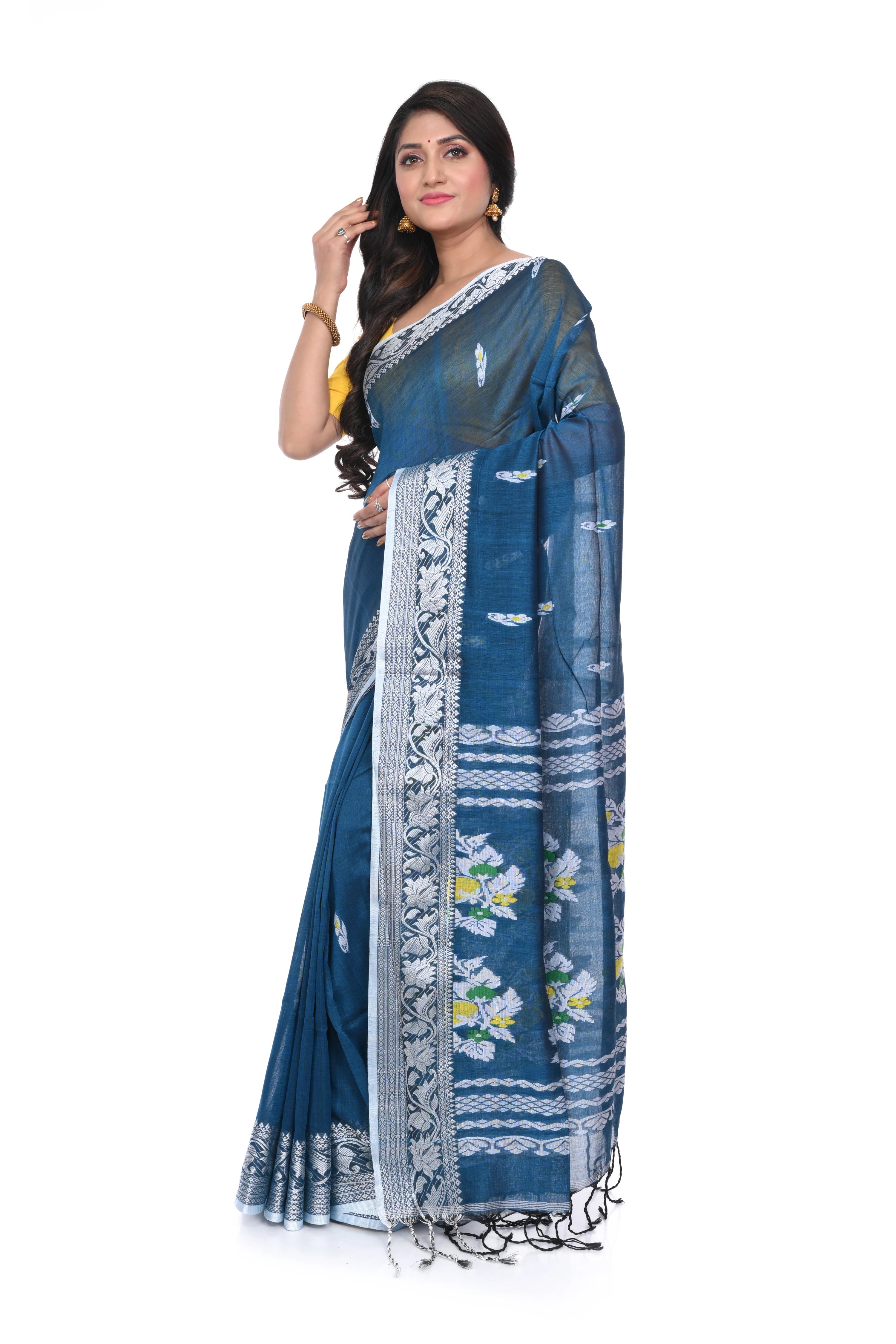 Blue Cotton Handloom Saree with White Border