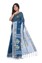 Blue Cotton Handloom Saree with White Border