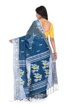 Blue Cotton Handloom Saree with White Border