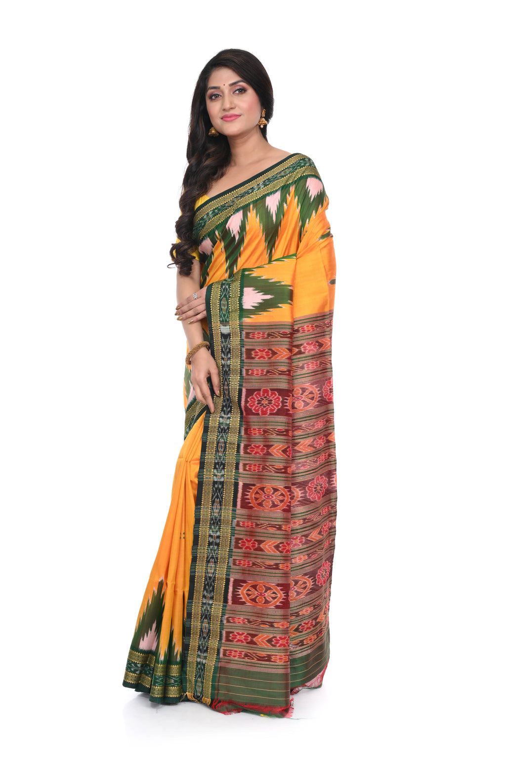 Pure Khandua Silk Saree with Green Temple Border (kacchi Yellow Base)