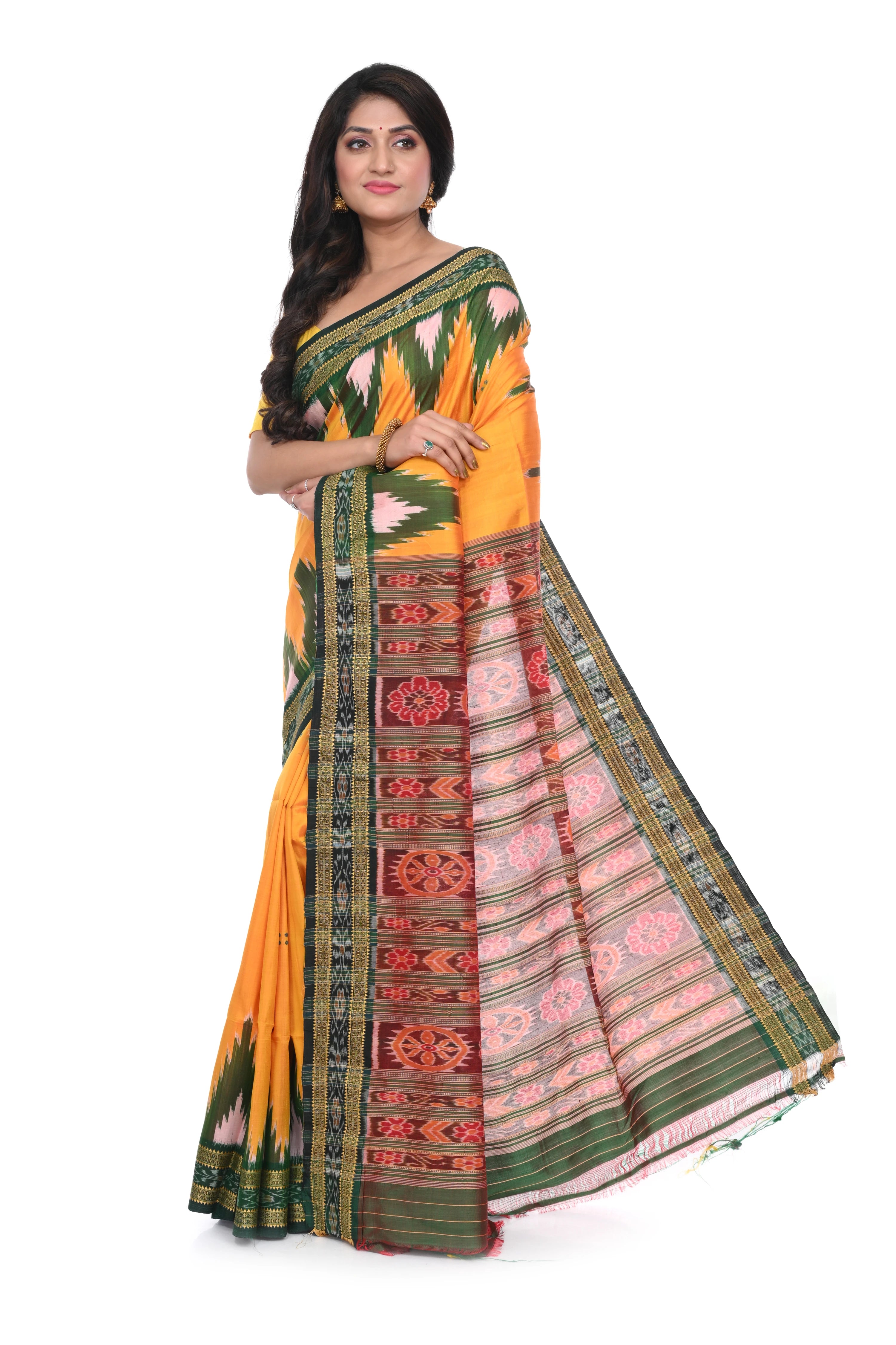 Pure Khandua Silk Saree with Green Temple Border (kacchi Yellow Base)
