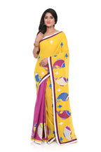 Half - and - Half Yellow Pink Applique Saree with Fish Motifs